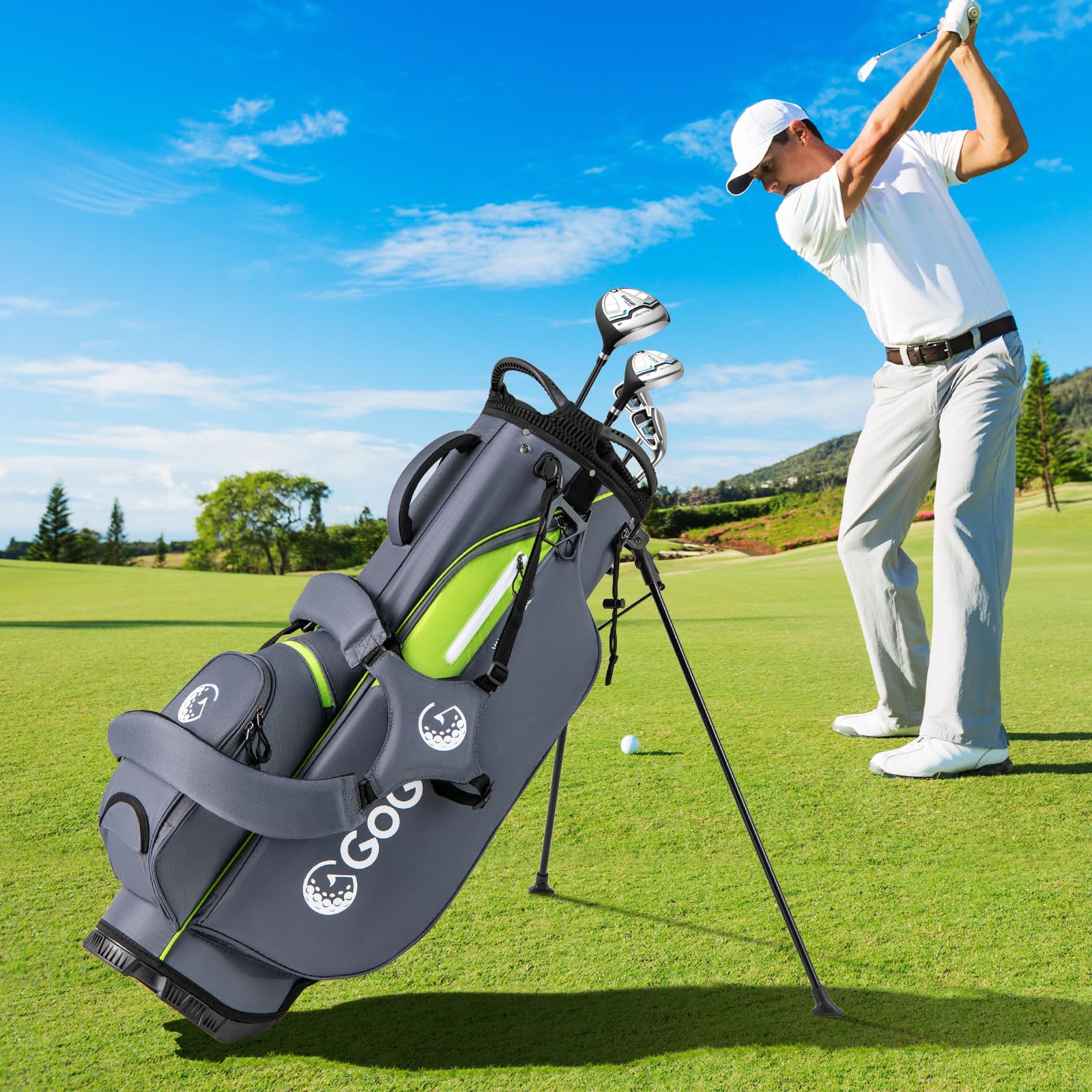 GYAMX Bolsa de Golf con Trípode, Bolsa de Soporte Profesional Golf con 8 Divisores, 5 Bolsillos con Cierre, Doble Correa Ajustable, Funda Impermeable, Unisex