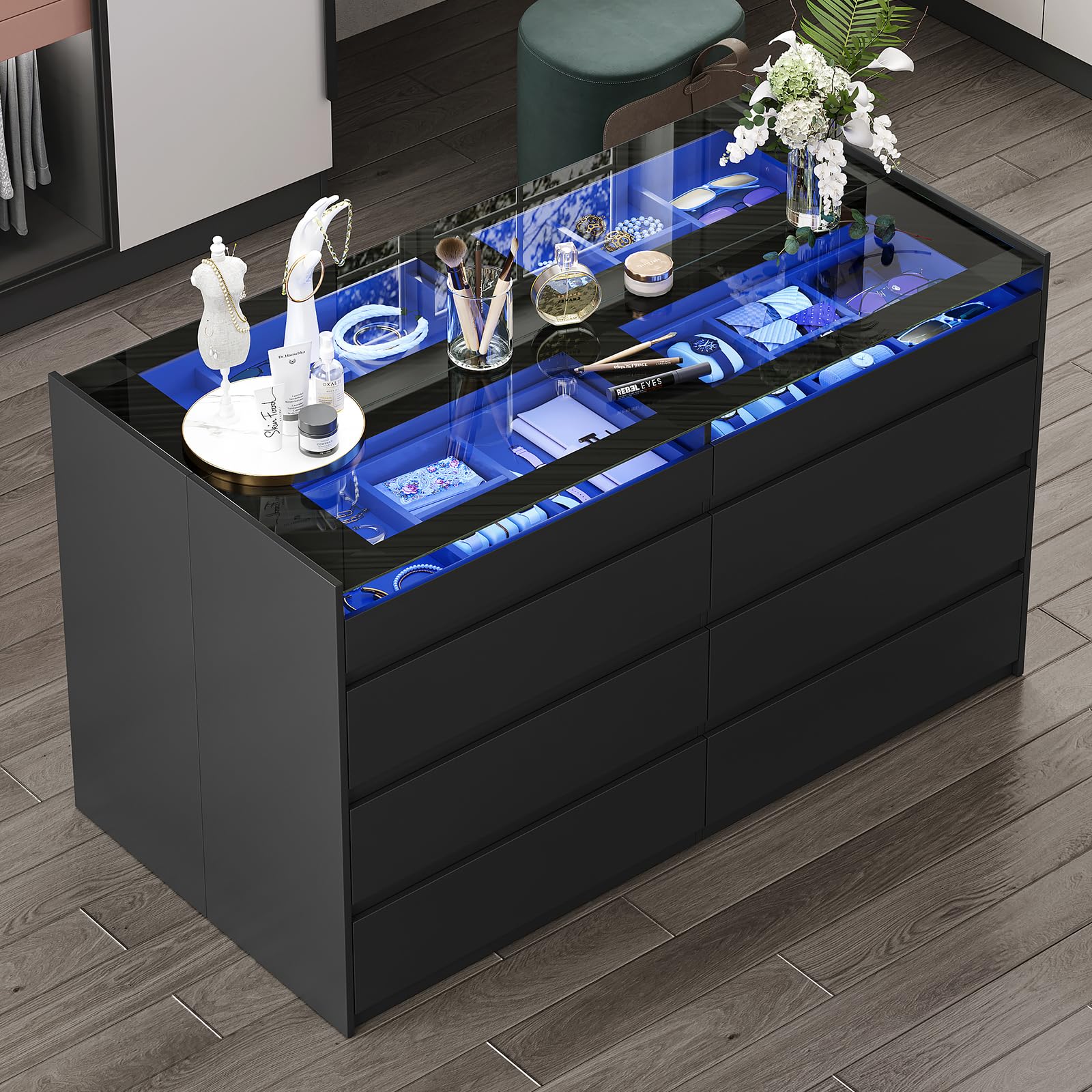 LIVAUVEAD 2-piece black matte dresser set LED