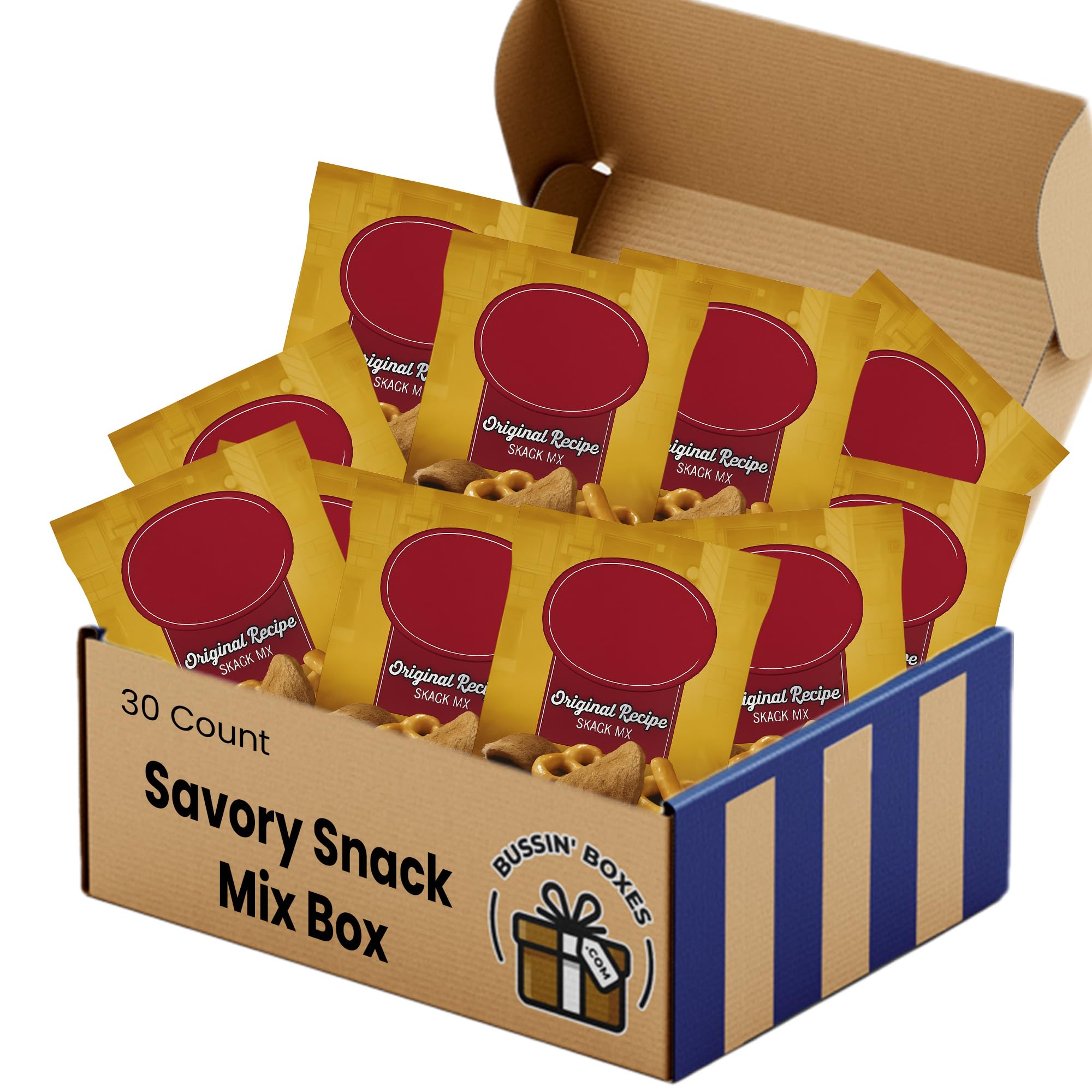Savory Snack Mix – 30 Count Individually Wrapped Snack Bags with Bold Flavor Pretzels, Rye Chips, and Breadstick Pieces – Assembled by Bussin Boxes