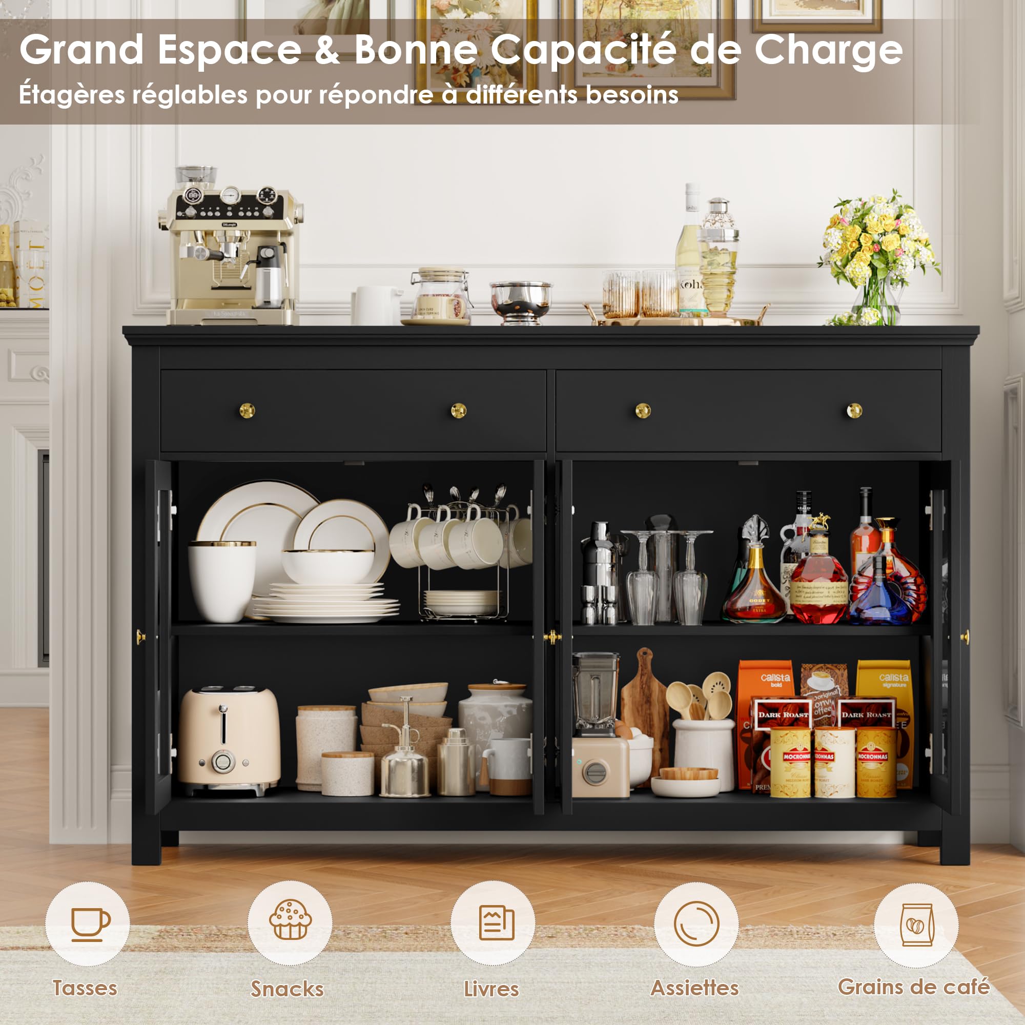 FirFurd Buffet Portes Vitrées Meuble Cuisine Rangement Noir 140x40x90.7cm
