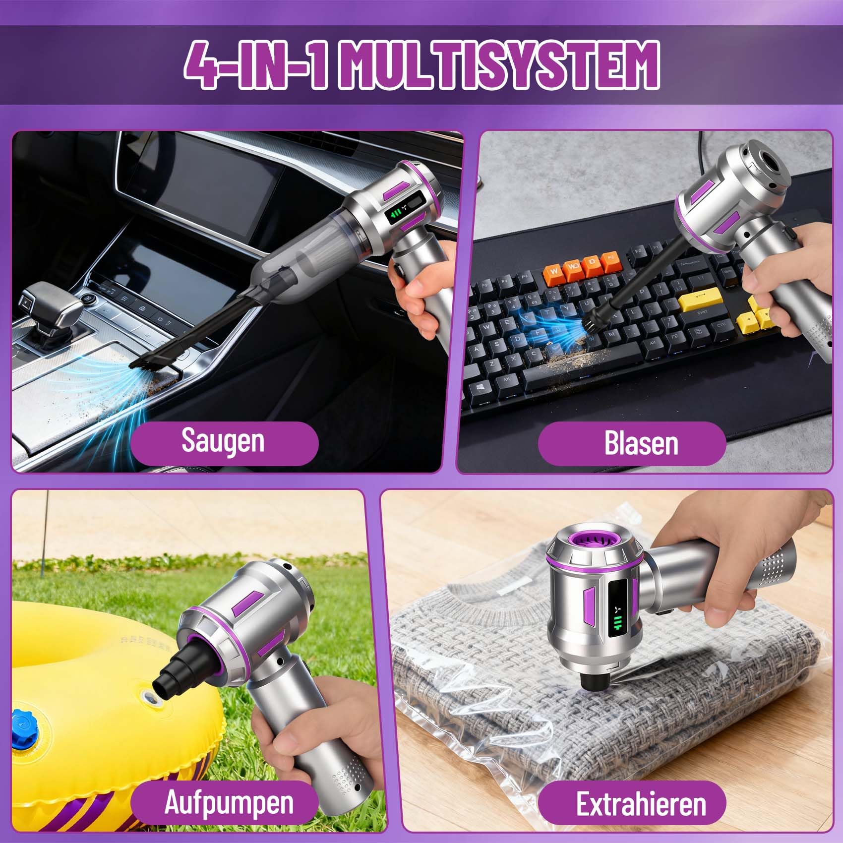 Handstaubsauger Akku Kabellos 27000Pa, Mini Autostaubsauger mit 220000rpm Bürstenlosem Motor, Leicht & Tragbar, 3-Stufen Saugkraft für Auto, Sofa, Haustierhaare, Küche & Büro