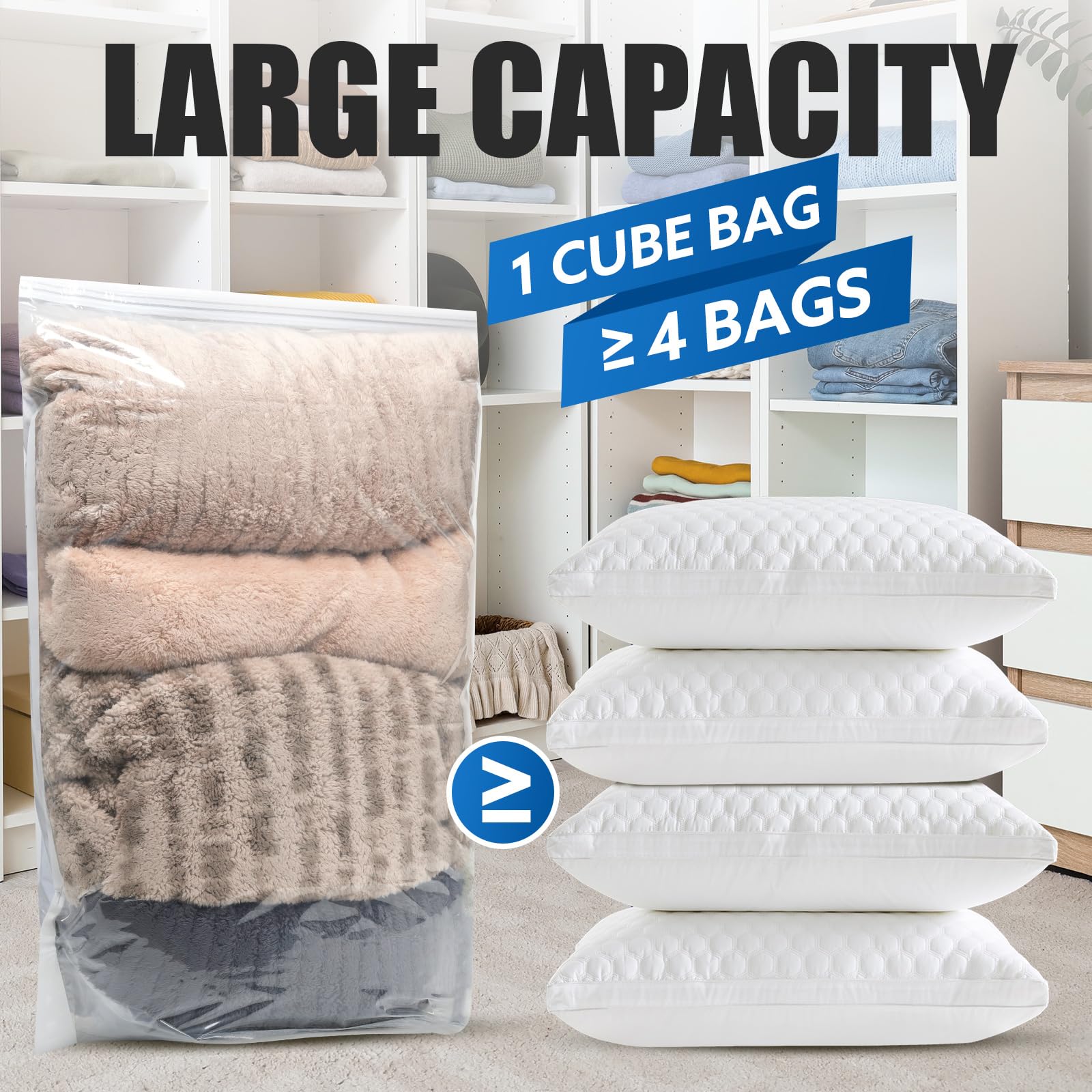 Confezione da 4 sacchetti sottovuoto extra large a forma di cubo, salvaspazio, per vestiti, trapunte, cuscini, coperte, senza bisogno di pompa