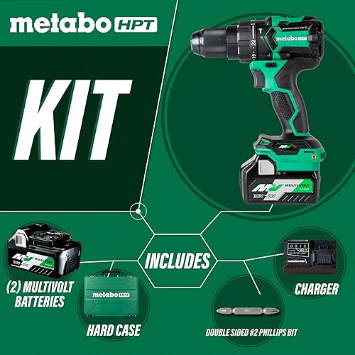 Miniatura 2 de Metabo HPT Kit de taladro de martillo inalámbrico MultiVolt de 36 V sin escobillas de 12 pulgada, kit de taladro eléctrico con baterías Metabo de
