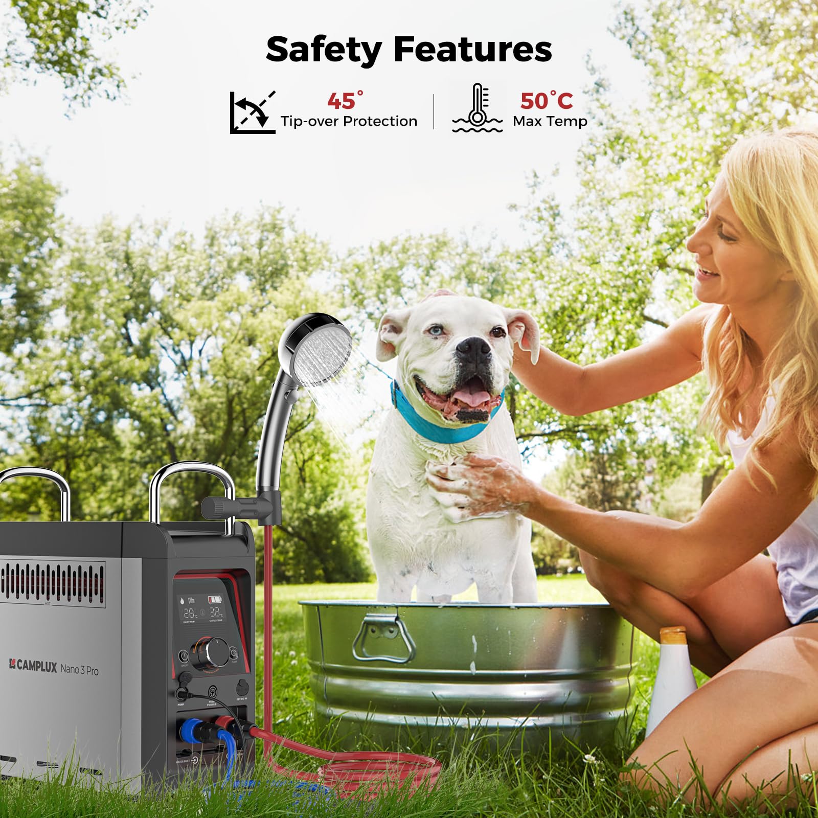 CAMPLUX Nano 3 Litres Chauffe-Eau à Gaz Portatif avec Pompe, 12V, Butane (28-30 mbar)/ Propane (37 mbar), pour Douche Camping, Nano 3 Pro
