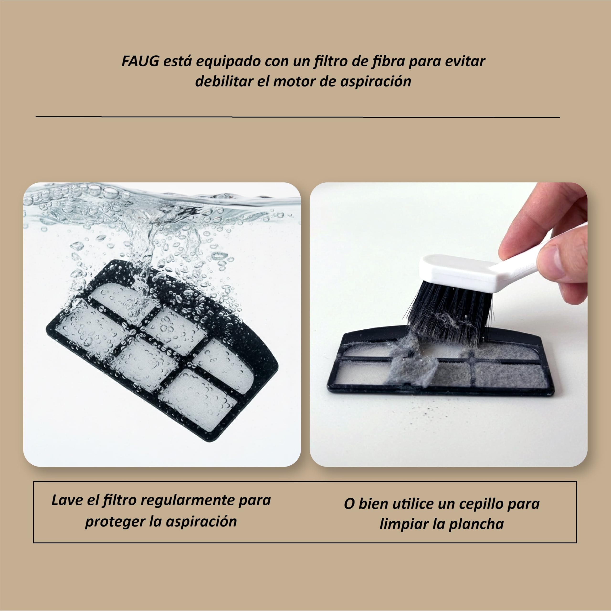FAUG Plancha vertical 1500W. Gana un 50% de eficiencia gracias a la nueva función de succión. Flujo de vapor de 15 a 21 g/min y suela de teflón para prendas sin arrugas.