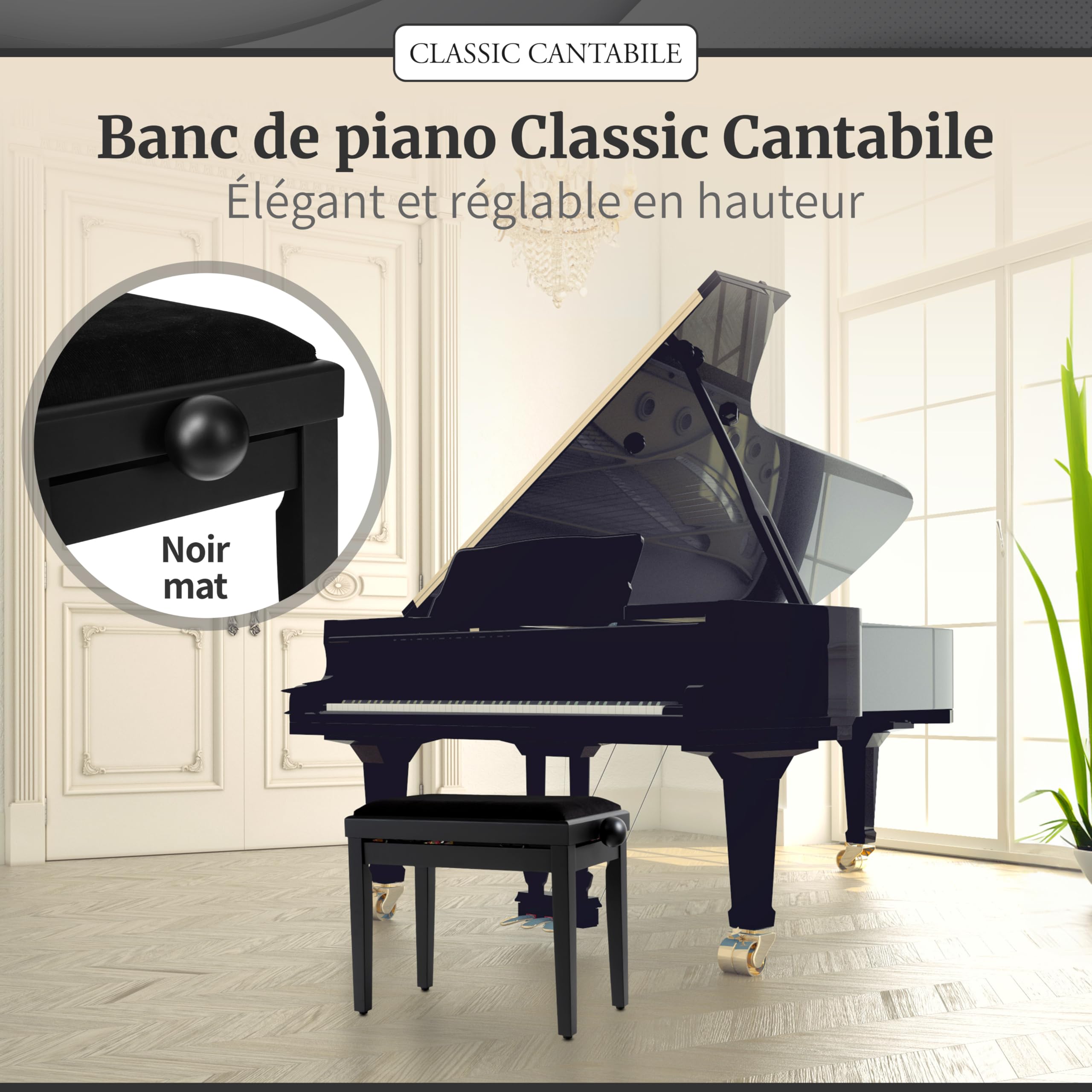 Classic Cantabile Banc de Piano Noir Mat - Hauteur réglable de 47 à 56cm - Tabouret avec mécanisme à vis - Banquette Surface d'assise 55 x 32cm - Siège avec revêtement en Velours, Stable