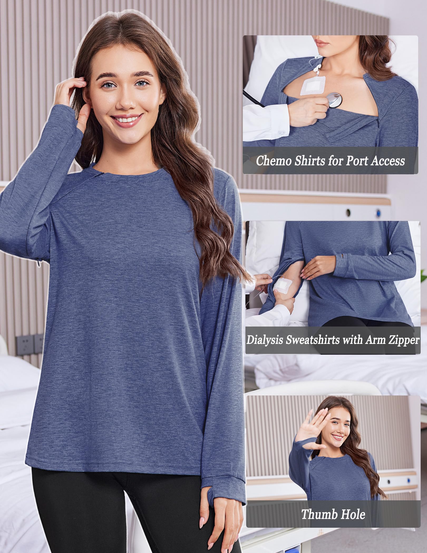 Deyeek Chemo Shirts für Port Access Frauen Langarm Schulter Post Chirurgie Shirt Dialyse Sweatshirts mit Arm Reißverschluss