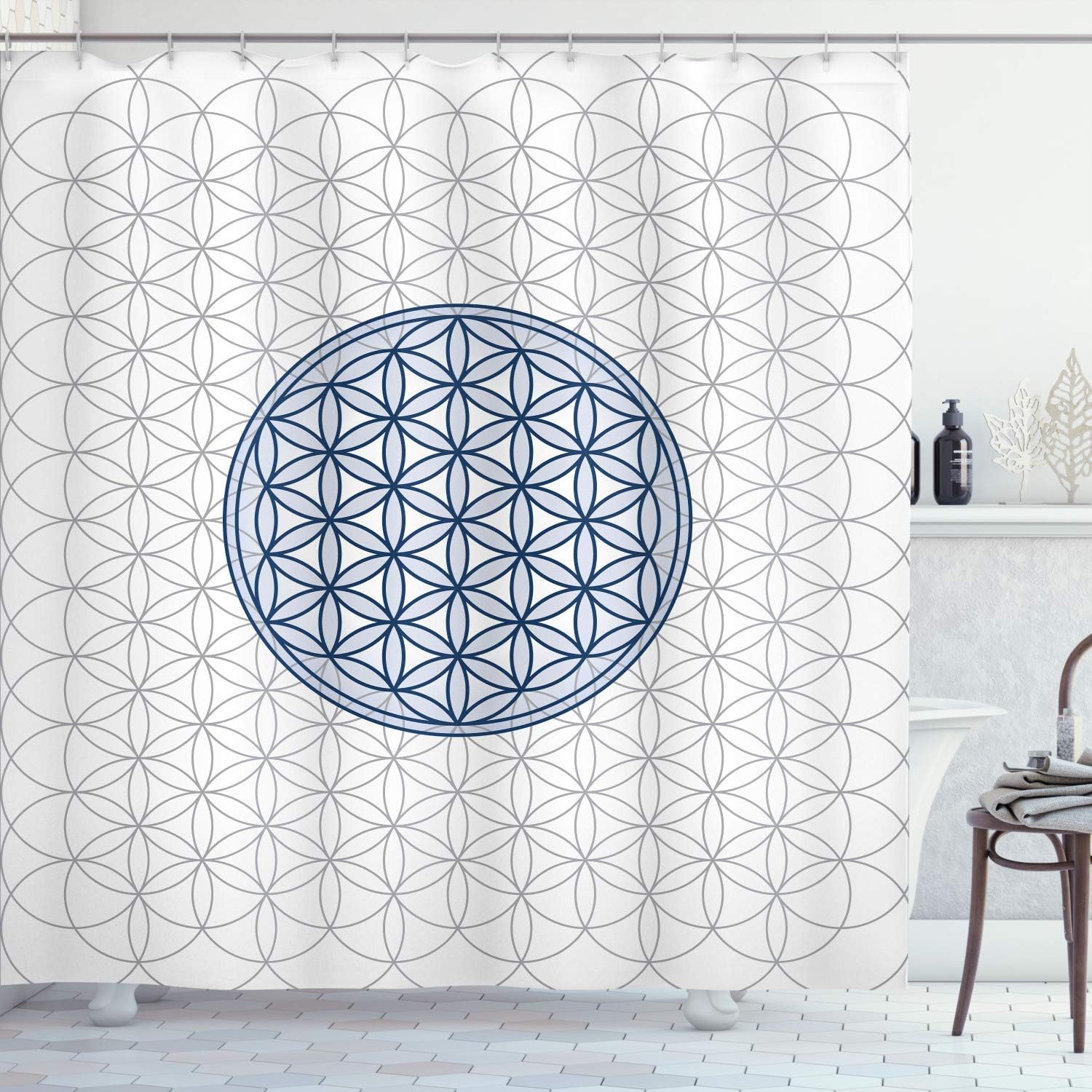 Ambesonne Geometry Shower Curtain, Interlace Circles of Time and Space Theme Vortex Natural Geometry Myth Form, Cloth Fabric Bathroom Decor Set with Hooks, 69" W x 70" L, Night Blue