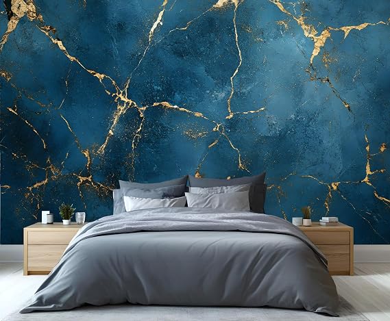 Marble Wallpaper, Modern Abstract Mural, Blue Gold Marble Large Wallpaper for Living Room, European Style Wall Mural - 100x70cm (Not Peel n' Stick)