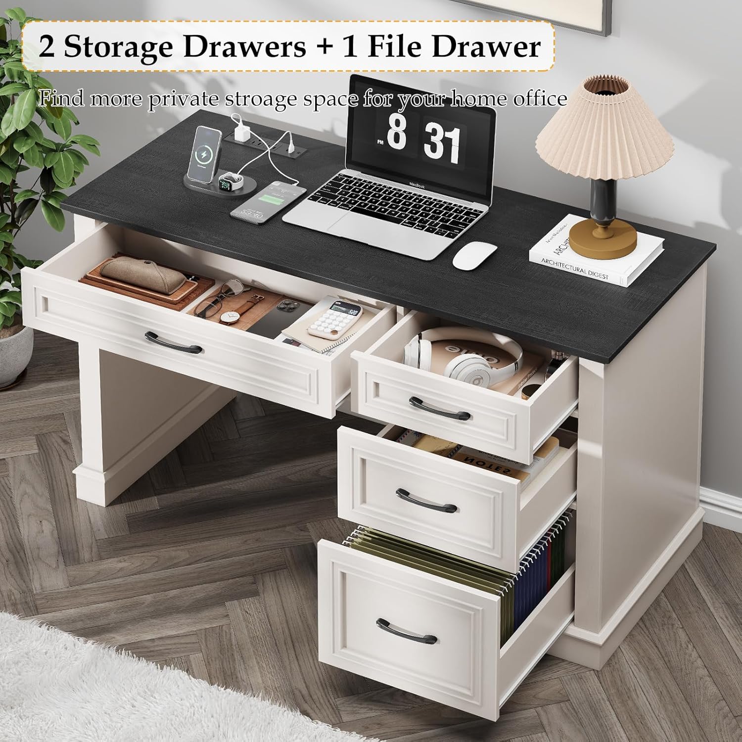 Farmhouse 47" Executive Desk, Computer Desk with Drawers and File Drawer, Workstation Computer Desk with Charging Station for Home Office, Study (Black)