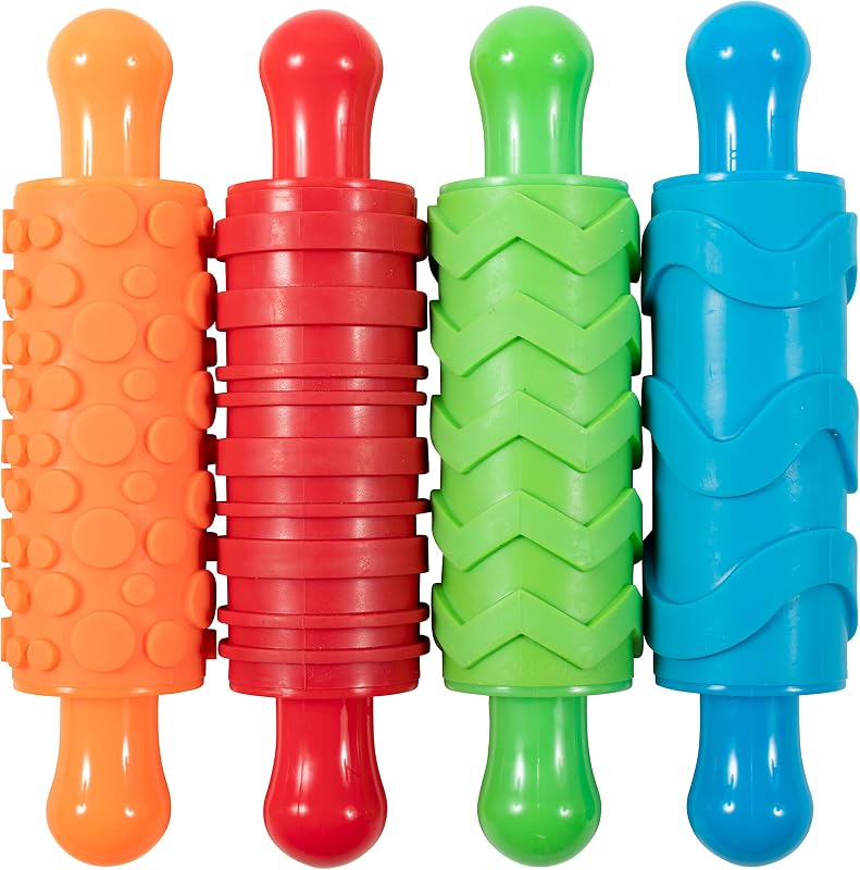 READY 2 LEARN Rodillos de pintura y textura de masa, juego de 4 | Rodillos estampados para niños, accesorios para manualidades y herramientas de arte, colores originales