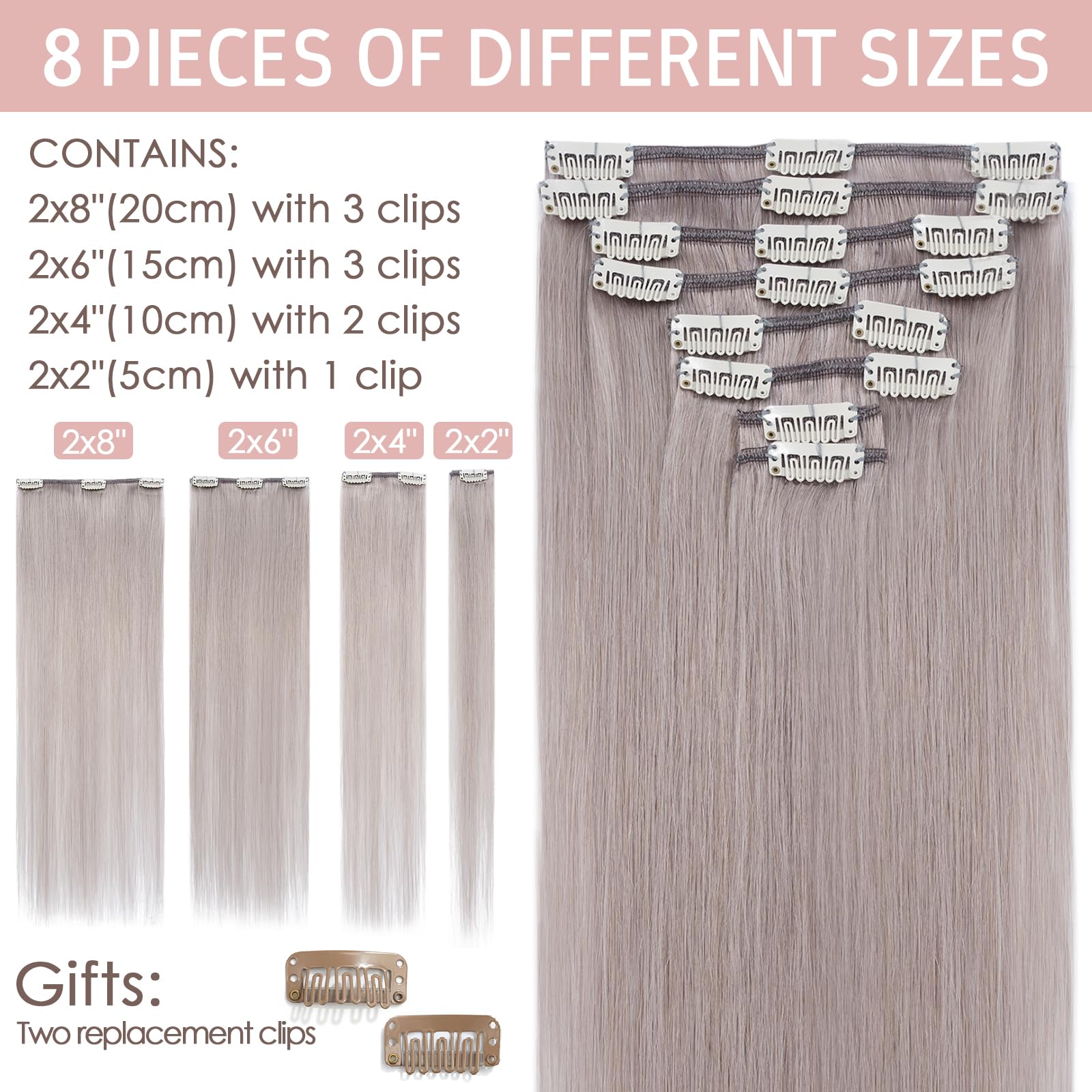 Silk-co Dopinki do włosów z prawdziwych włosów, clip in, 8 tresek, 18 klipsów, 65 g, prawdziwe włosy Remy, przedłużenie włosów, kolor szary, 40 cm