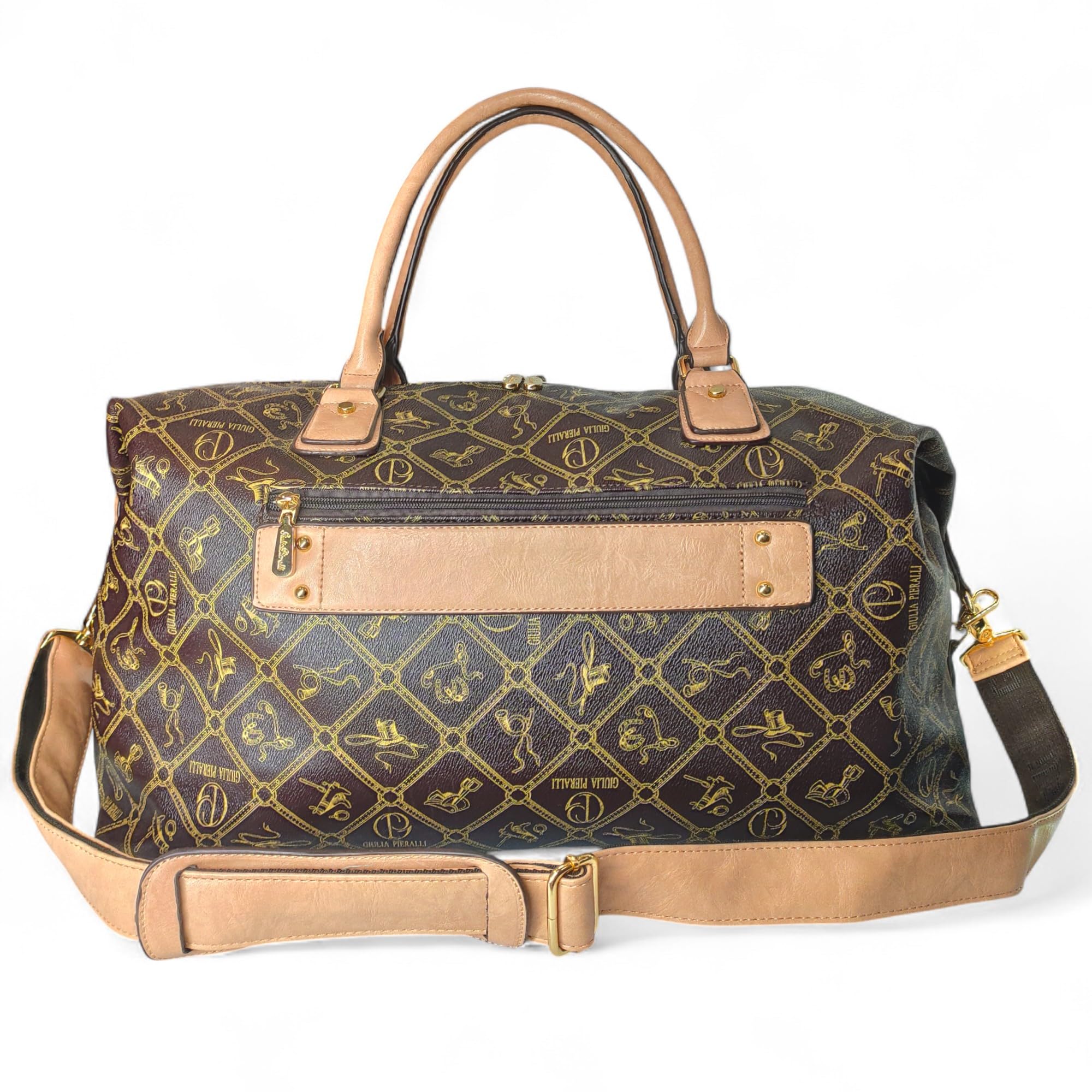 XXL Reisetasche Damen Herren Groß Weekender Sporttasche Handgepäck Braun Beige Kunstleder Vintage Schultertasche Weekendtasche (Caffe-Crema (Braun-Beige))