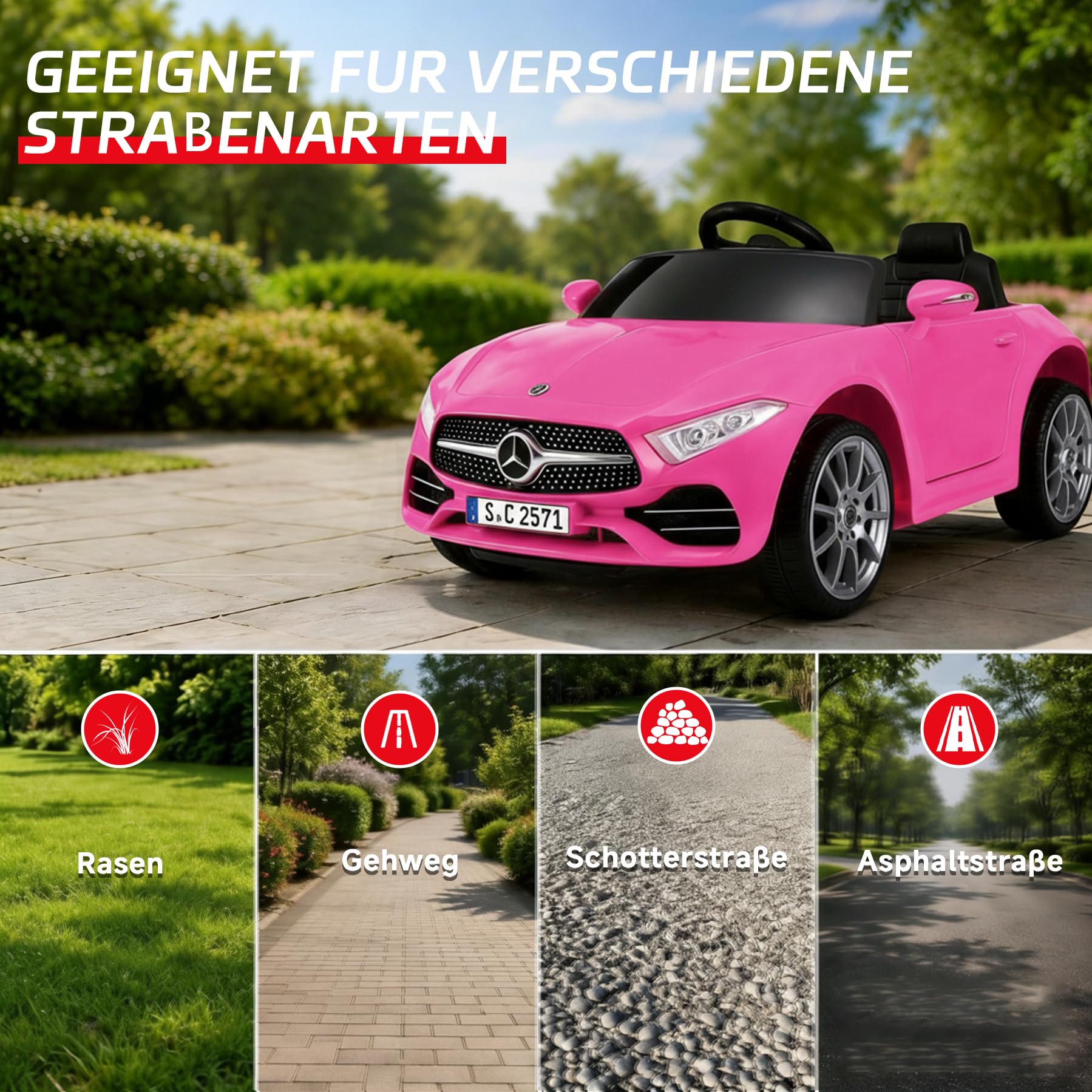 ORYXEARTH Kinder Elektroauto, 6V Kinder Elektroauto Kinderfahrzeug mit 2.4G-Fernbedienung, Hupe, Bluetooth-Musik, USB und AGM Blei-Säure-Batterie, 25W Motoren, 2-5km/h für Kinder 3-6 Jahre，Rose