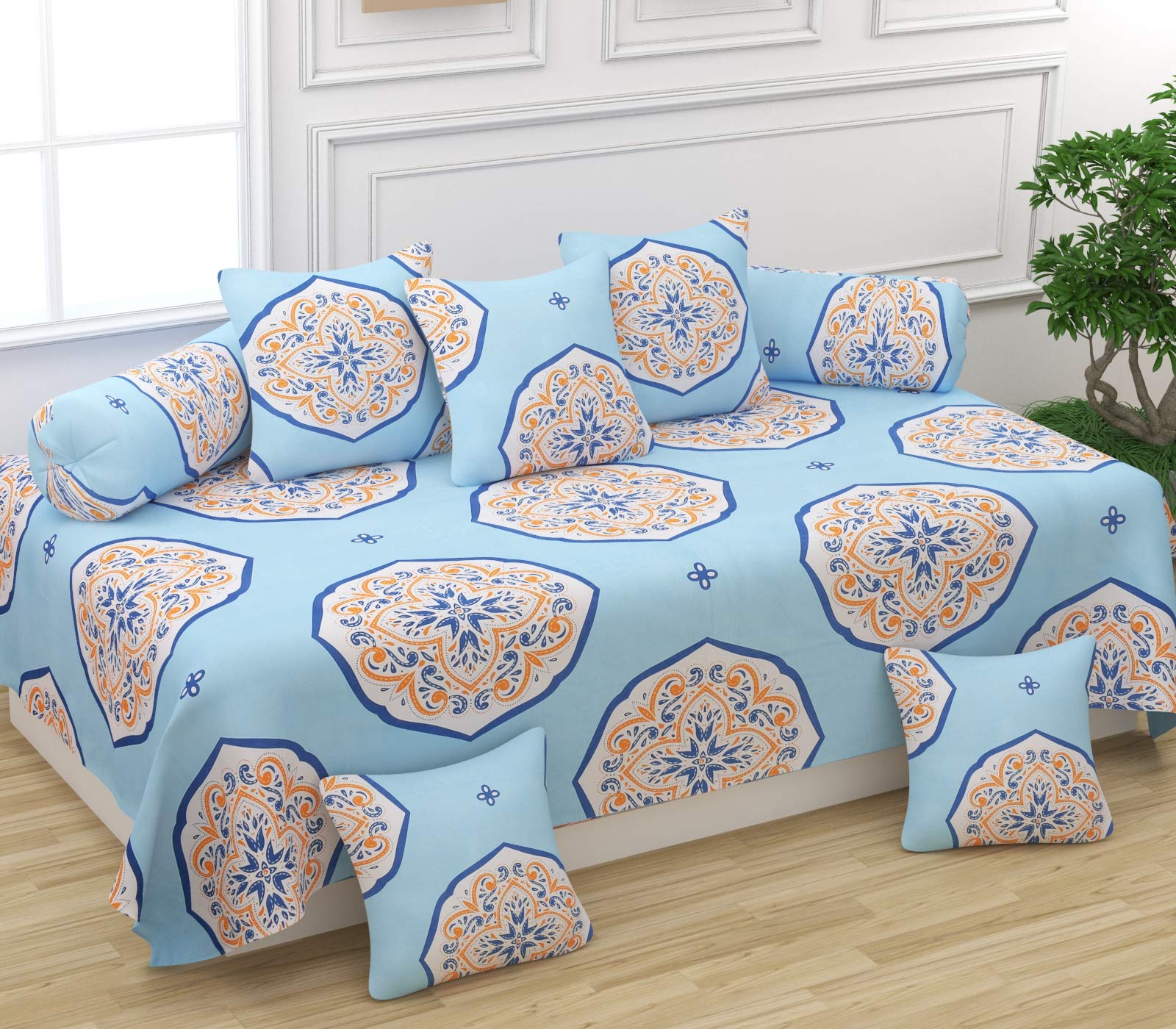 Supersoft Cotton Diwan Covers Set of 1 Bedsheet 2 Bolster Covers 5 Cushions Covers (Sky Blue Orange Flower)-image-33