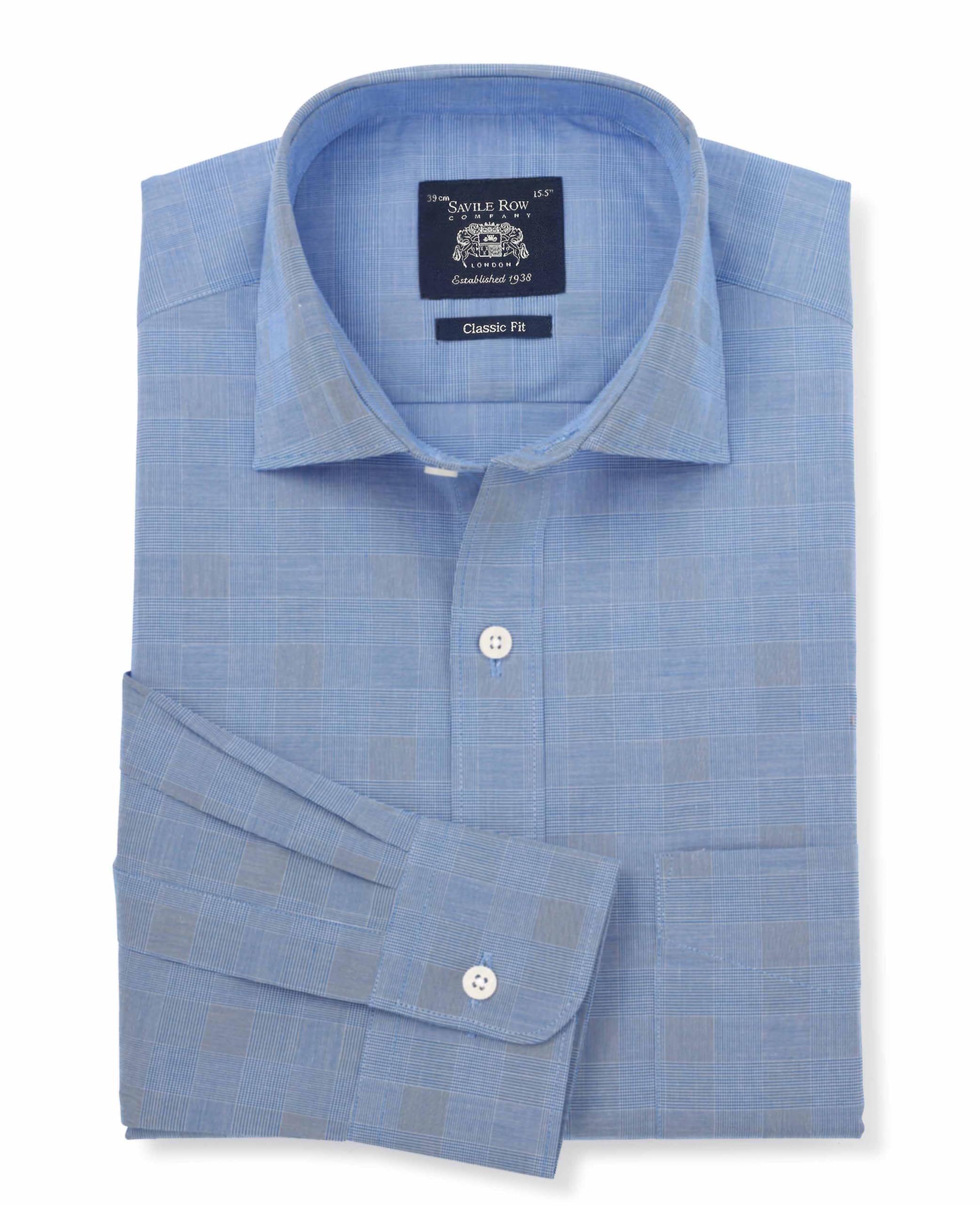 THE SAVILE ROW COMPANY LONDON Men's Classic Fit Cotton Poplin Single Cuff Formal Shirt - Navy Prince of Wales Check - 17.5" Collar - Standard