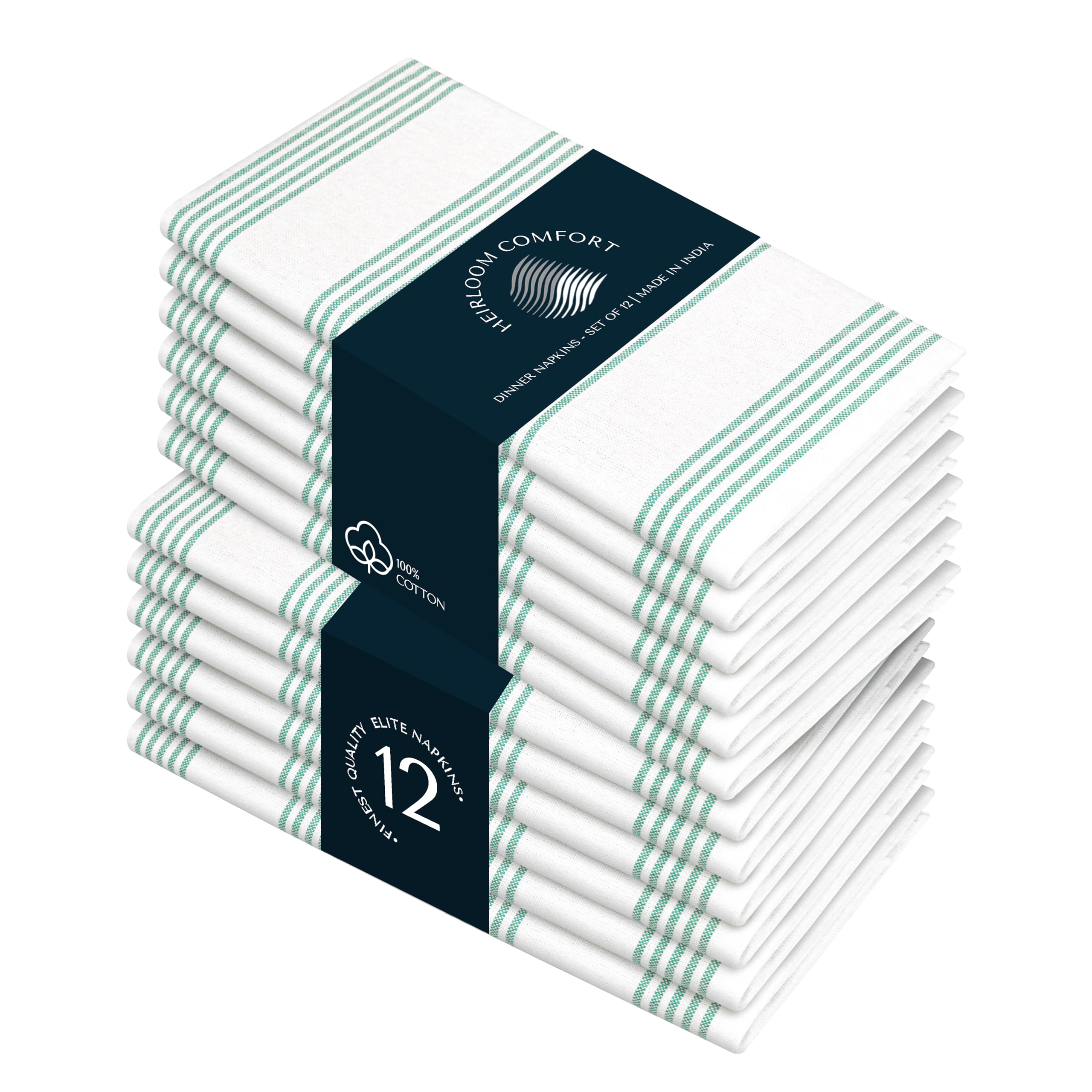 HEIRLOOM COMFORT Sea Green Stripe Cloth Dinner Napkins (Set of 12), 45x45 cm, 100% Cotton, Machine Washable, Multi Pin Striped Table Linen for Formal Events, Outdoor Dining & Everyday Use
