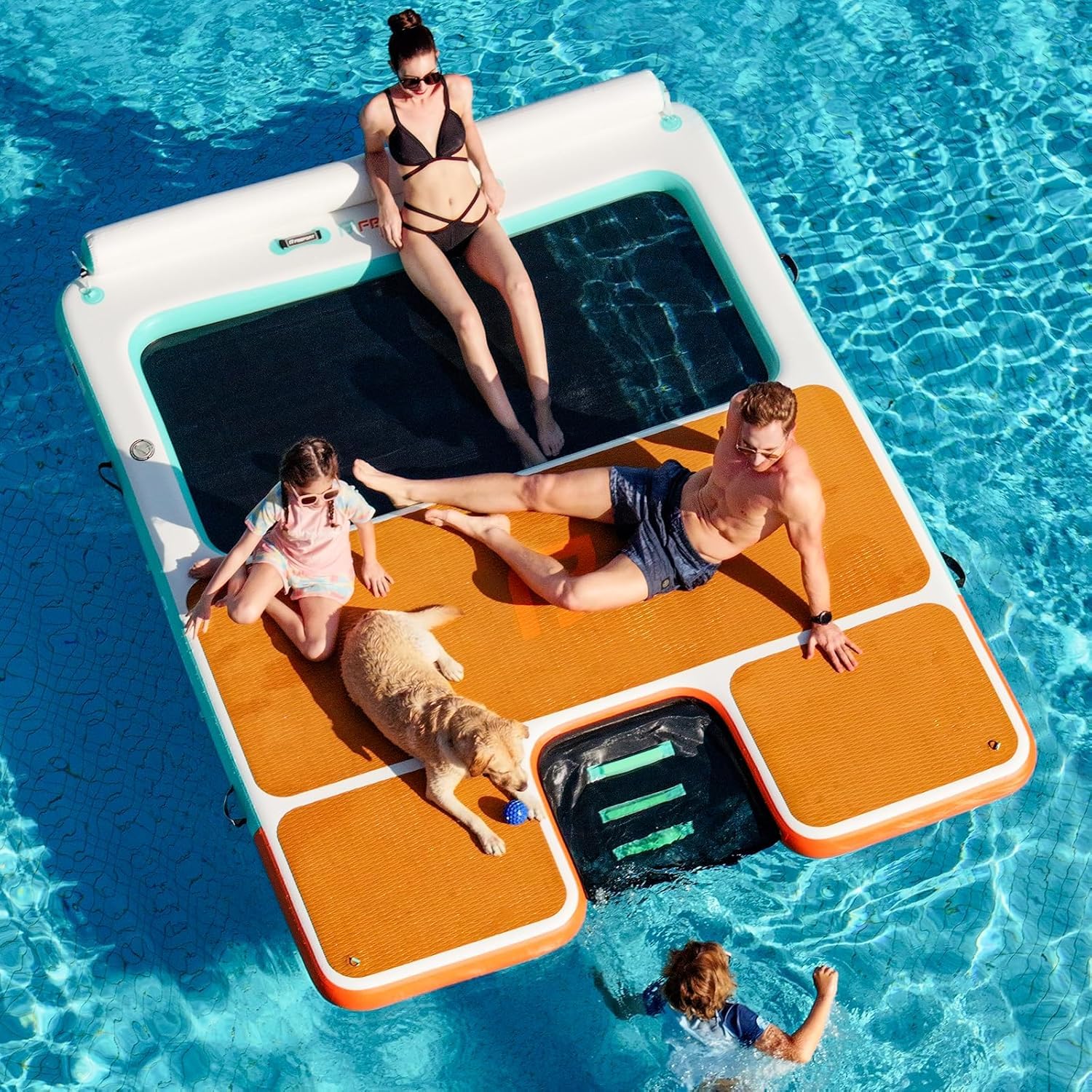 FBSPORT Muelle Flotante Hinchable con Rampa y Hamaca, Plataforma Flotante para Lago 2,4 m/3 m Adultos, Isla Flotante Multifuncional con Escalera para Piscina y Fiestas Acuáticas