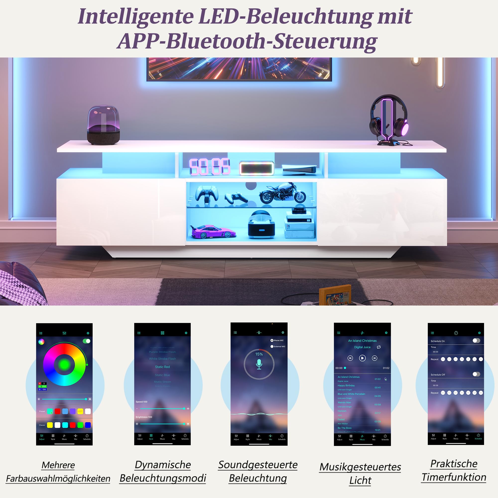 Supporto TV ad alta lucidità con striscia LED mobile TV con porte scomparti aperti pannello basso per TV fino a 70 pollici base tavolo per il mobiles TV per soggiorno bianco