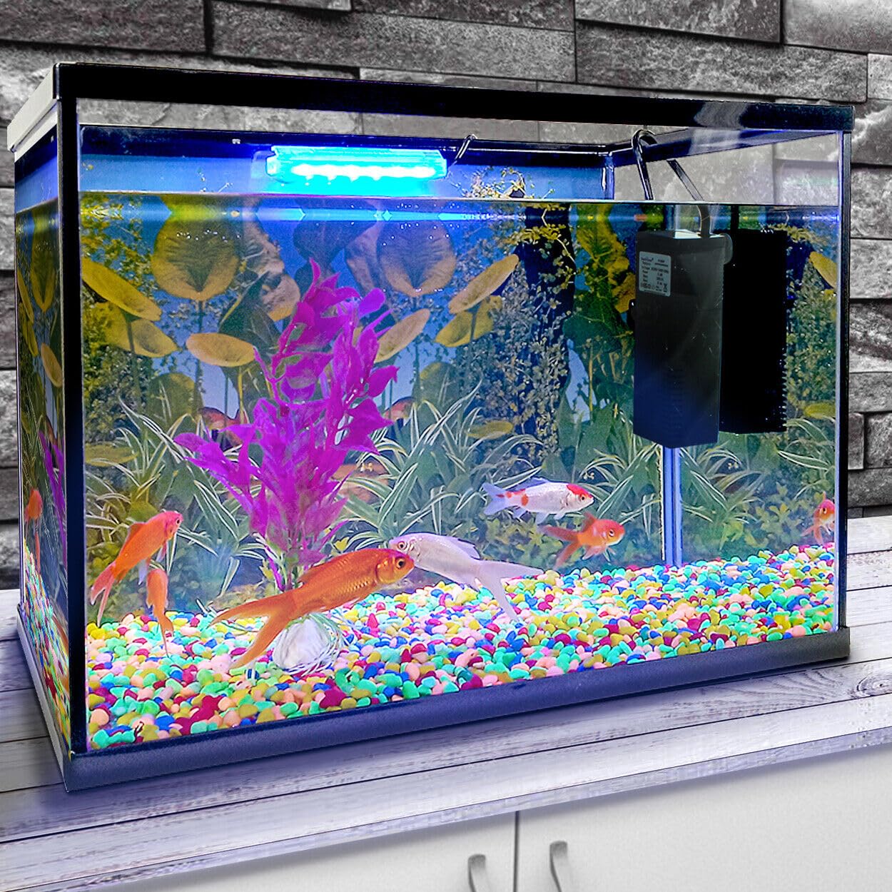 Kit de tanque de peces de acuario de vidrio de 26 L, juego de iniciación de red de luz LED, piedra y filtro de bomba de aire