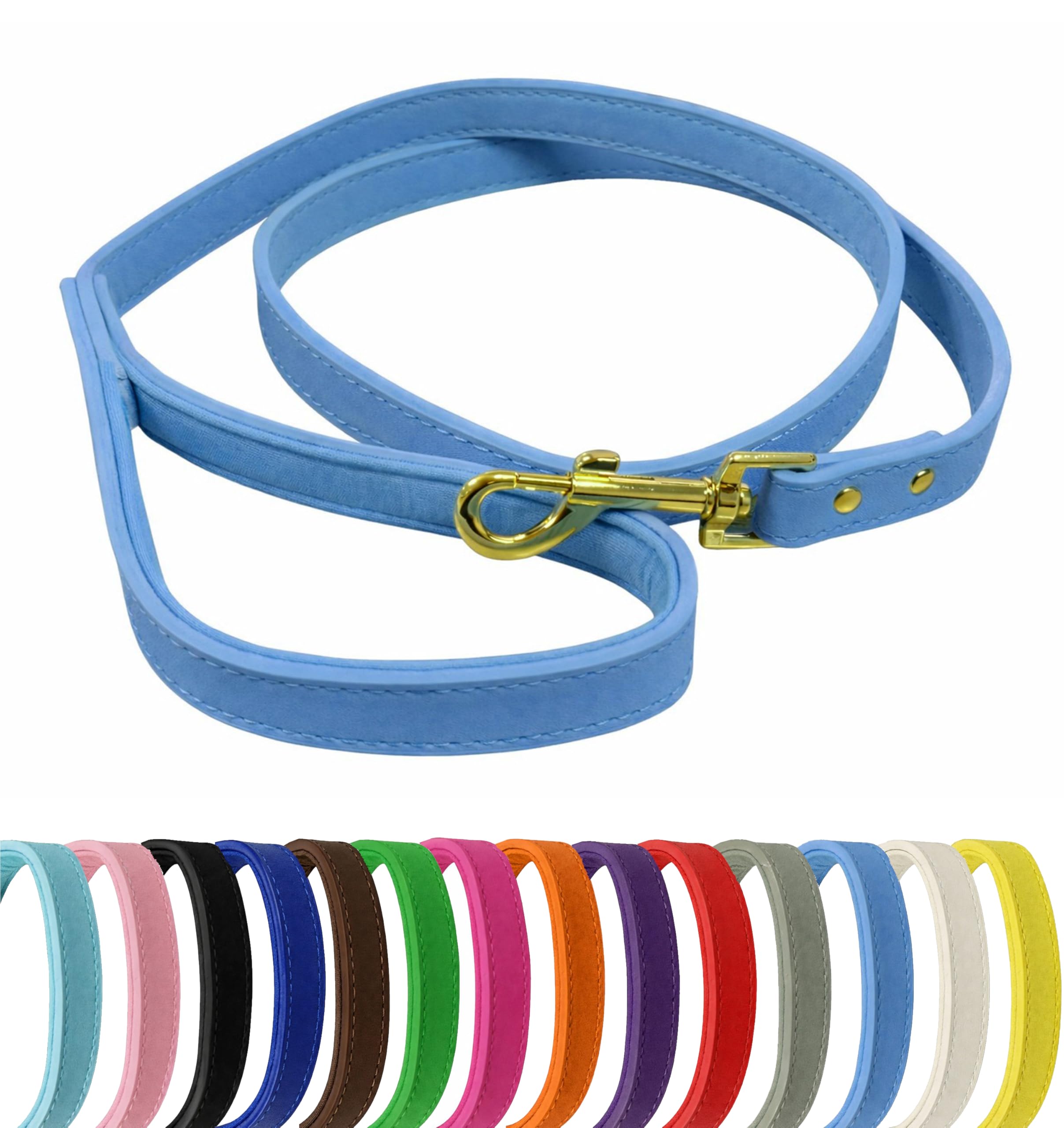 Vibrant Genuine Leather Dog Lead with Soft Neoprene Padded Handle & Metal 360° Swivel Clasp 120cm Leash (Sky Blue, Small (1.5cm Wide))