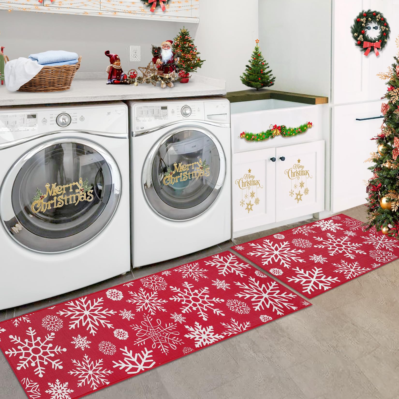 CAROMIO Christmas Kitchen Runners Mats 40x60 + 40x120 cm Kitchen Rugs Washable 2 Pieces Rubber Backing Non Slip Floor Mats for Kitchen Hallway Christmas Rug Carpets White Printed Snowflakes - Image 2