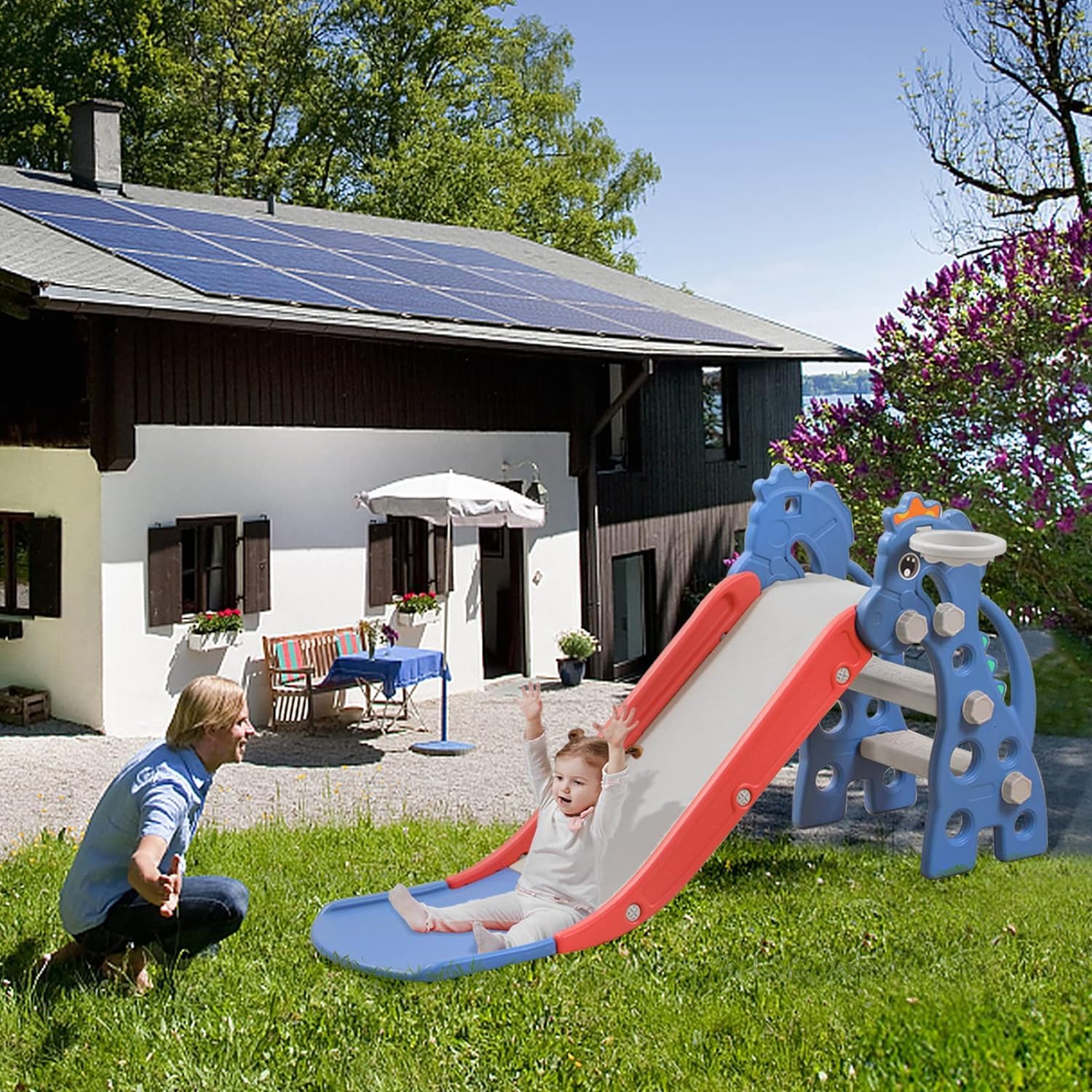 LARS360 Scivolo 3 in 1 per Bambini - Con Scala da Arrampicata e Cestino da Basket, Pieghevole, Parco Giochi Multifunzionale per Bambini 1-5 Anni, per Uso Interno ed Esterno