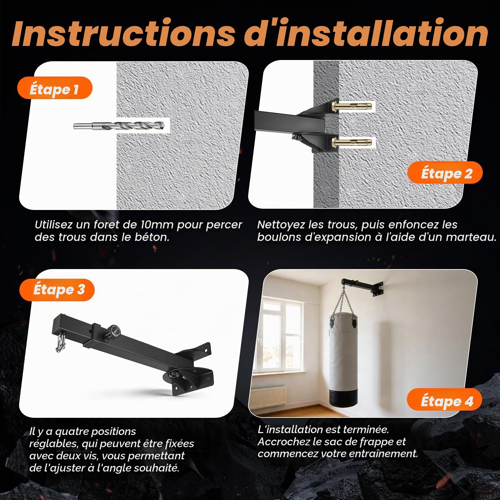 Support De Sac De Frappe,Rotation À 360°,Longueur Réglable 44-66 Cm,Support Mural pour Sac De Boxe pour Sacs De Sable,Sacs De Vitesse,Sacs MMA