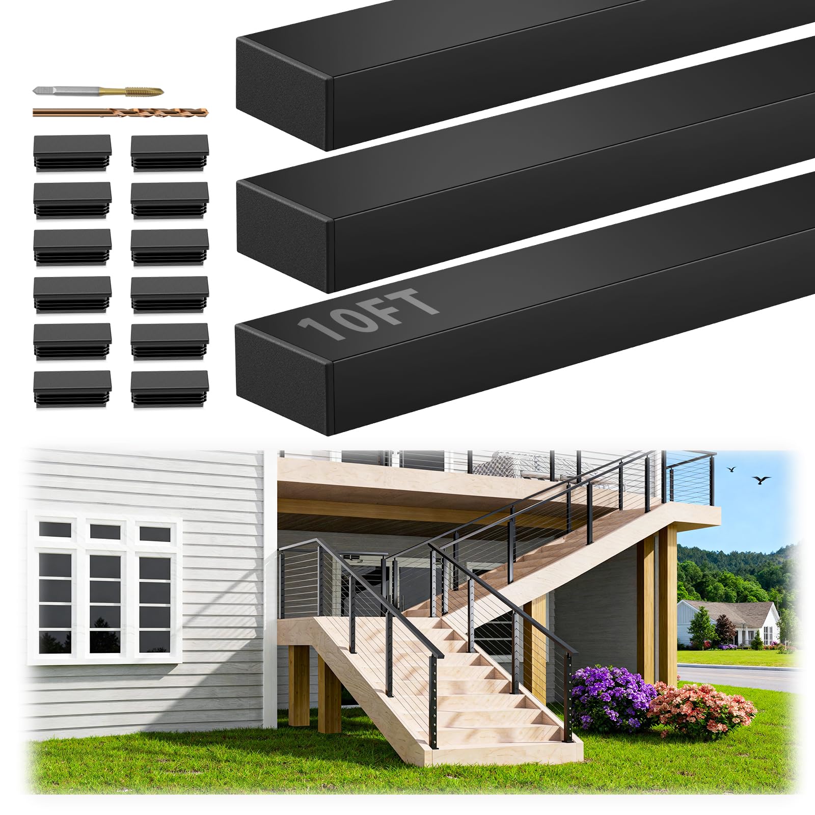 10FT Black Rectangular Handrail, 3 Pack Flat Cable Railing Handrail