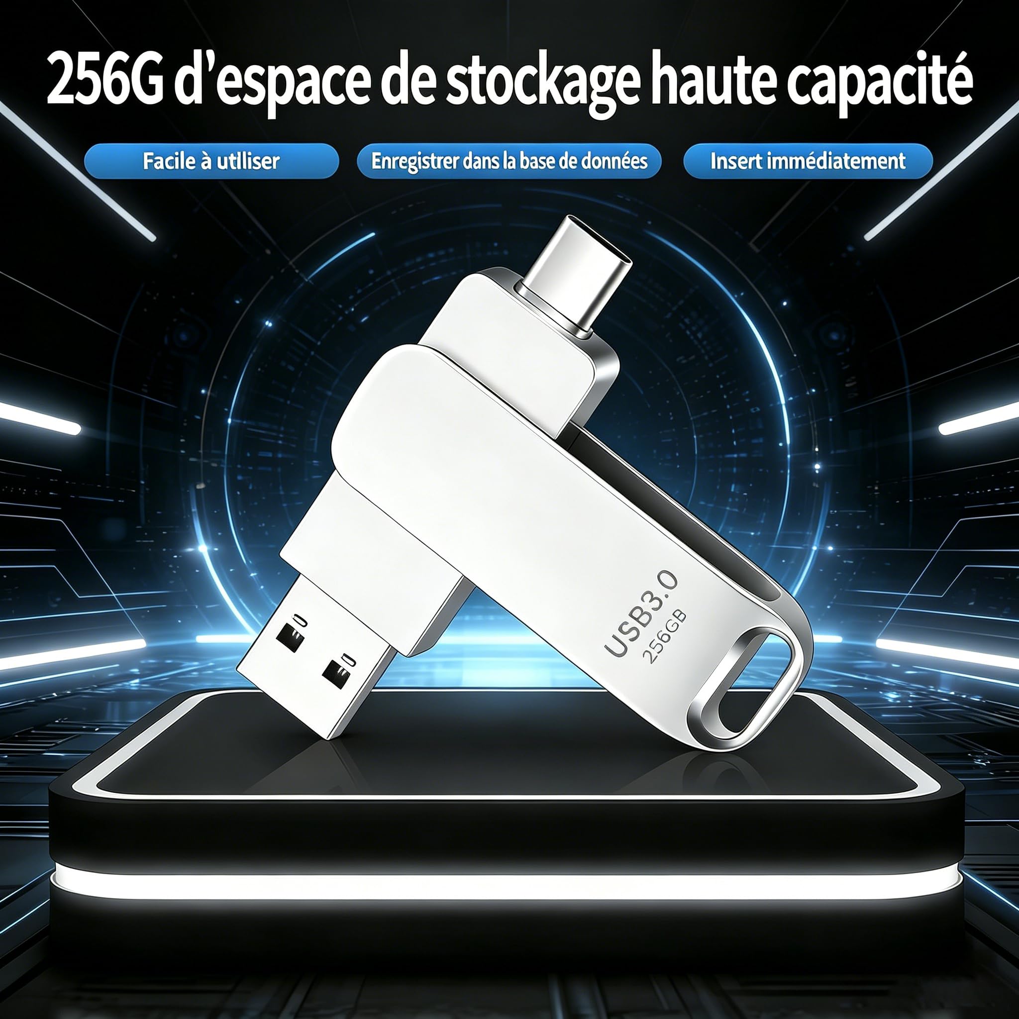 Clé USB 256 Go Double Interface Type-C USB 3.0, Flash Drive Portable Matériau Métallique Pivotant, Compatible Téléphones Portables/Tablettes/Ordinateurs - 5