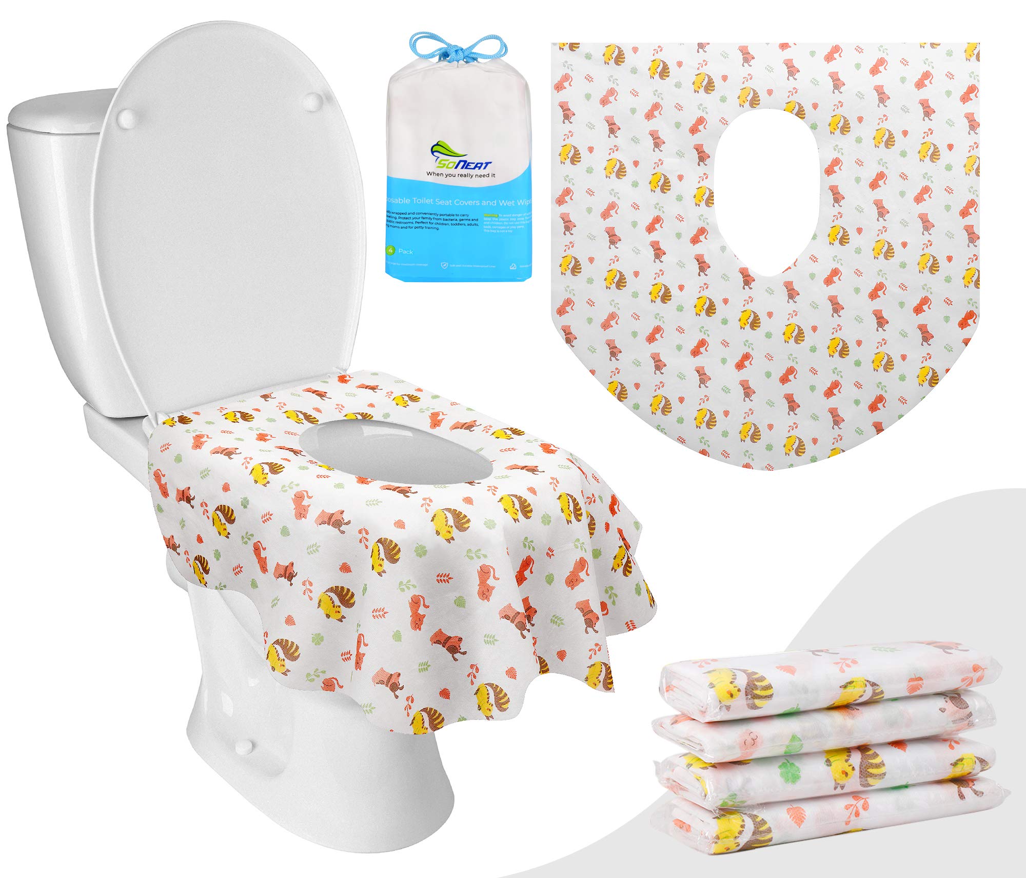SoNeatDisposable toilet seat covers for kids and adults-Extra Large Coverage, Waterproof, Individually Wrapped for Travel, Toddlers Potty Training in School and Public Restrooms (Animals, 4)