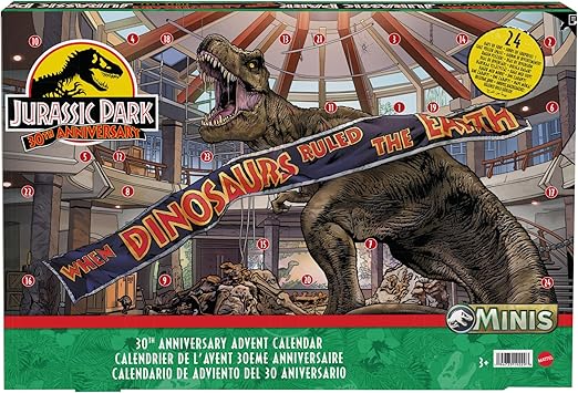 Mattel Jurassic World Holiday Advent Calendar with 24 Day Countdown, Daily Surprise, Mini Toy Dinosaurs, Human Figures and Gates