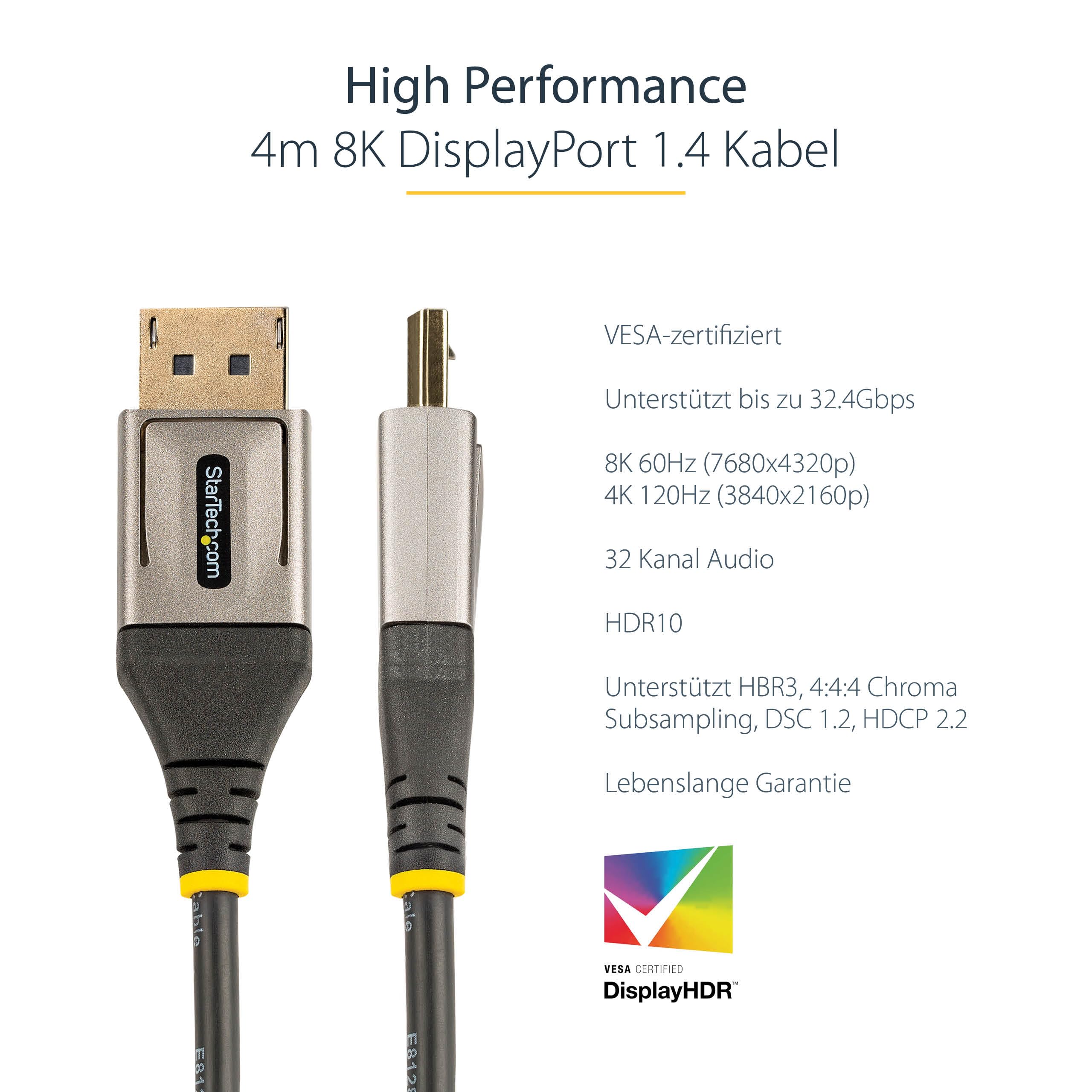 StarTech 4m VESA DisplayPort 1.4 Kabel, 8K 60Hz HDR10 MST, Schwarz | DP Monitorkabel, 4K 120Hz, Stecker auf Stecker, Verriegelung, Vergoldet, DP 1.4