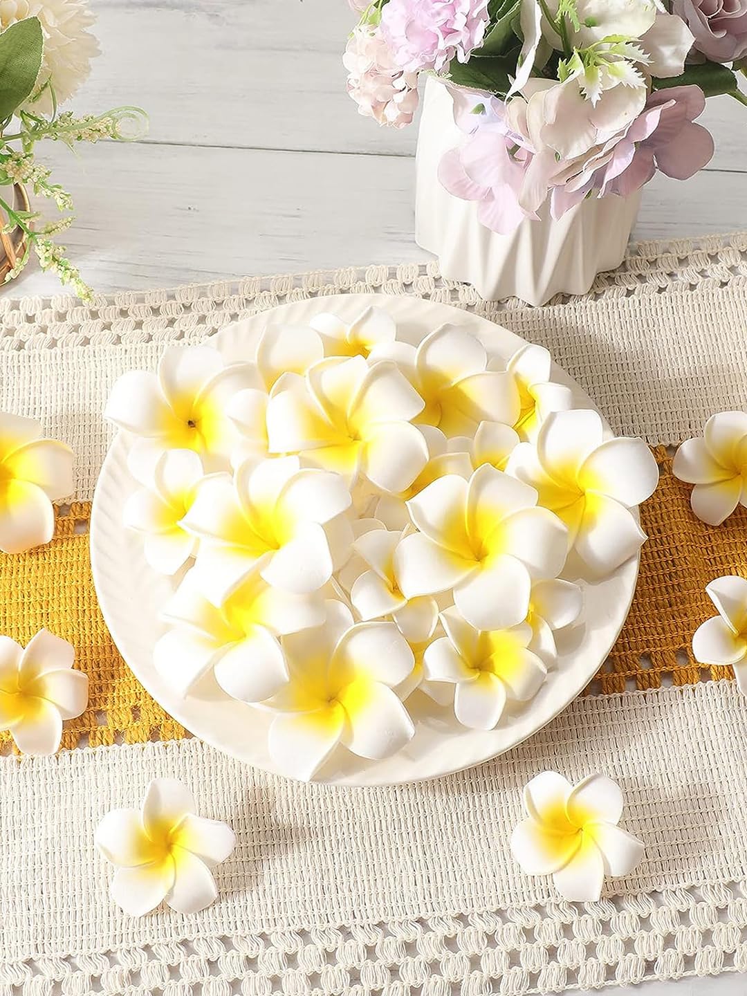 TIED RIBBONS 30 Pcs Artificial Foam Plumeria Hawaii Flowers Frangipani Beach Floating Flower for Home Pooja Room Office Necklace Garland DIY Craft Wedding Birthday Christmas Decoration Items (White) (B07P72X4JB) Amazon Price History, Amazon Price Tracker