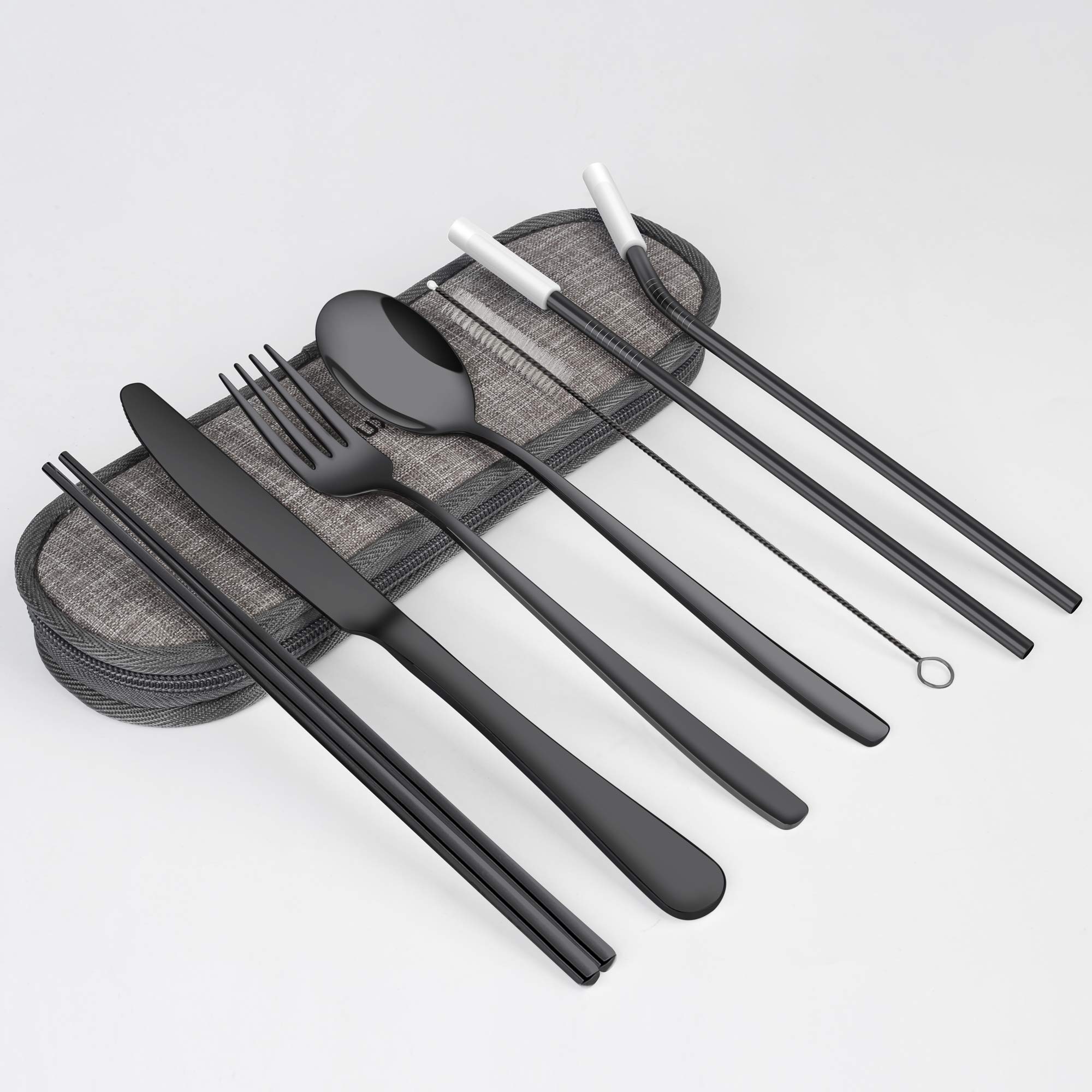 Luxtude Camping Utensils Set with Case, Reusable Travel Black Utensil Set for Lunch, Portable Silverware Cutlery Set Stainless Steel Flatware Set 8-Piece Including Knife/Fork/Spoon/Chopsticks/Straws