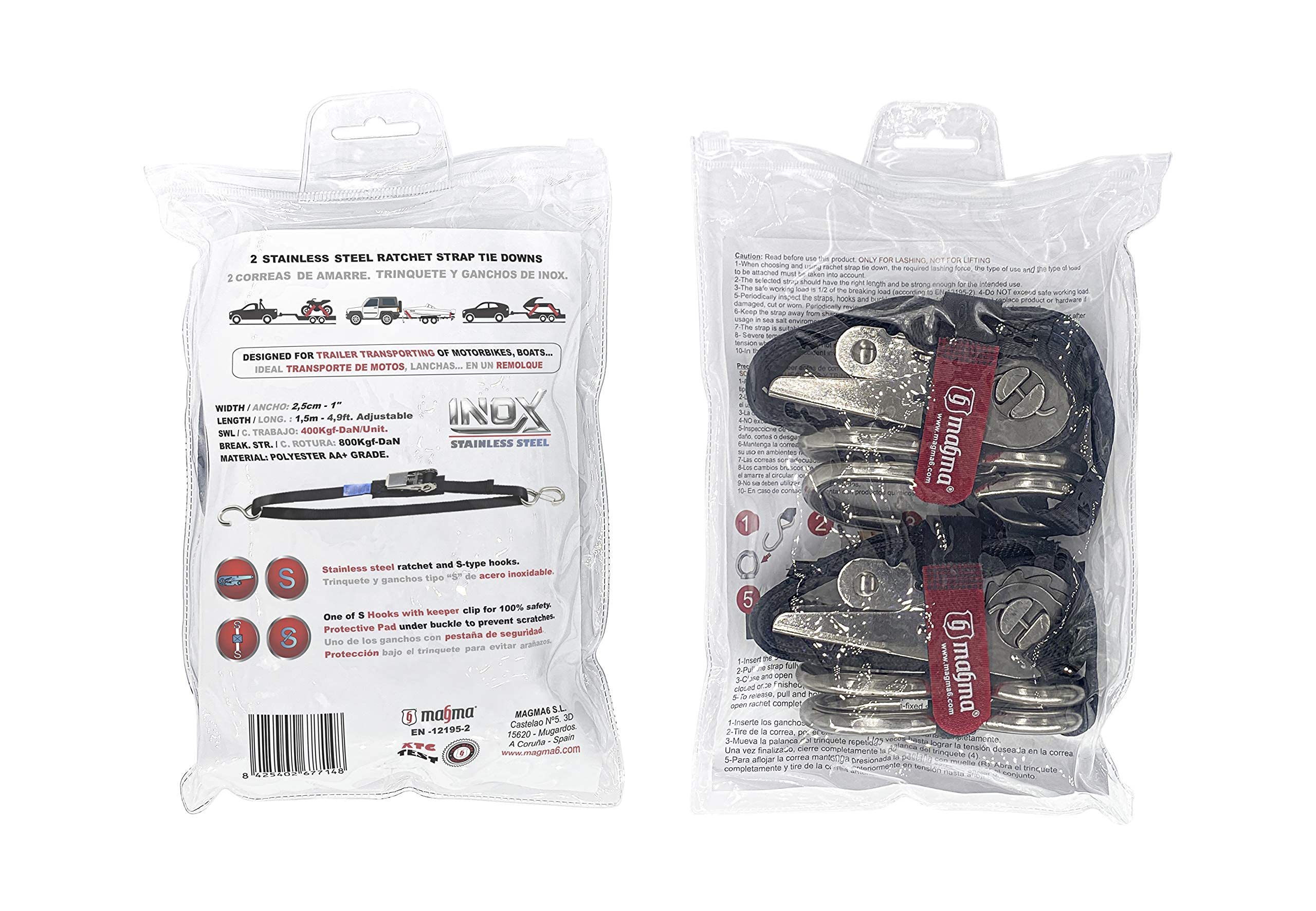 MAGMA 2 Sangles d'Arrimage à Cliquet en Acier Inoxydable avec Crochets | Bandes d'Amarrage et d'Accrochage pour Remorques, Motos, Bateaux, Quads et VTT. Longueur réglable. Force de Rupture : 800 Kgf
