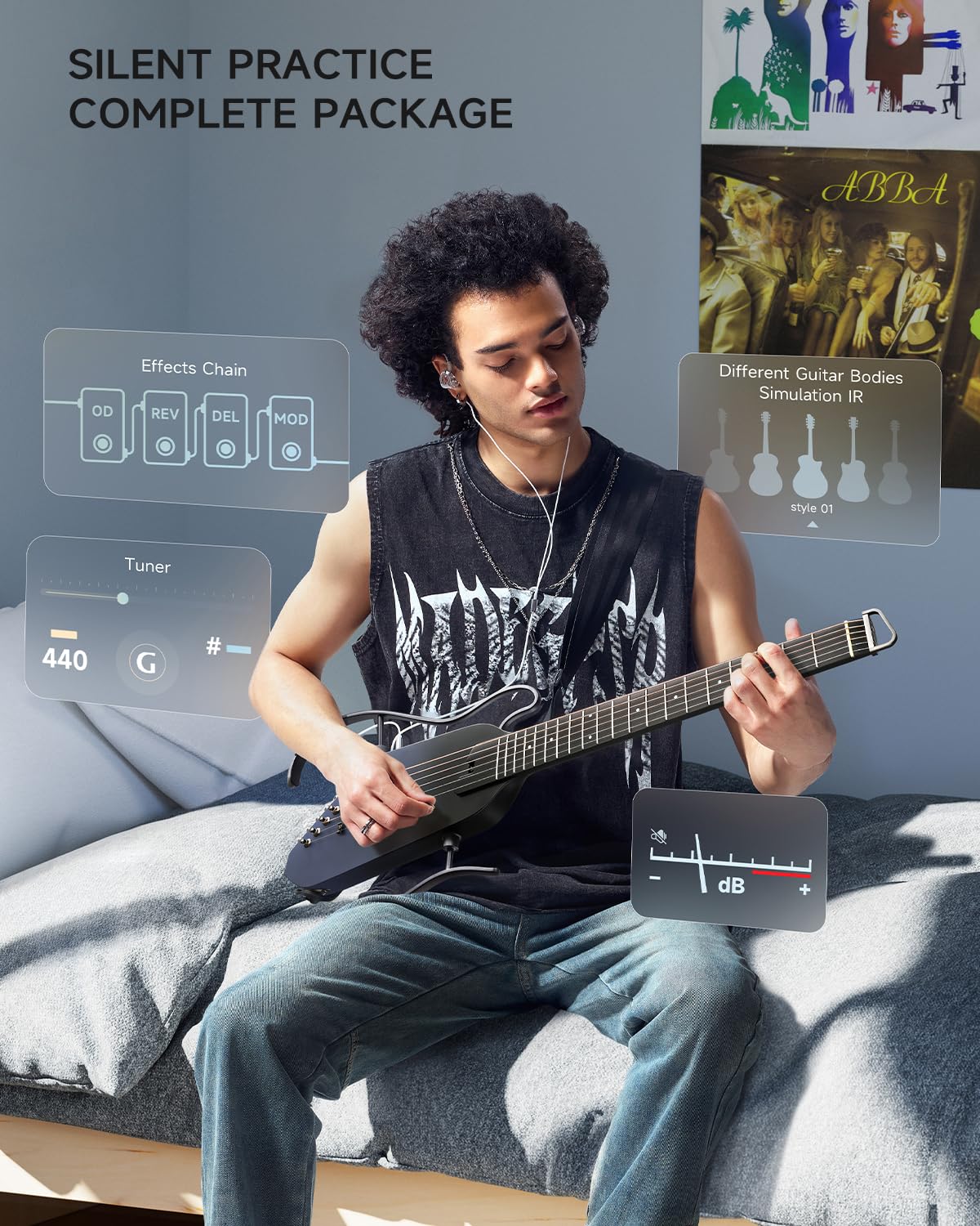 Donner Chitarra Acustica Elettrica HUSH I PRO Chitarra da Viaggio con Multiple Modalità di Effetto Smart Kit Guitarra di Auricolari, Gig Bag, Tracolla, Cavo di Ricarica, Nero