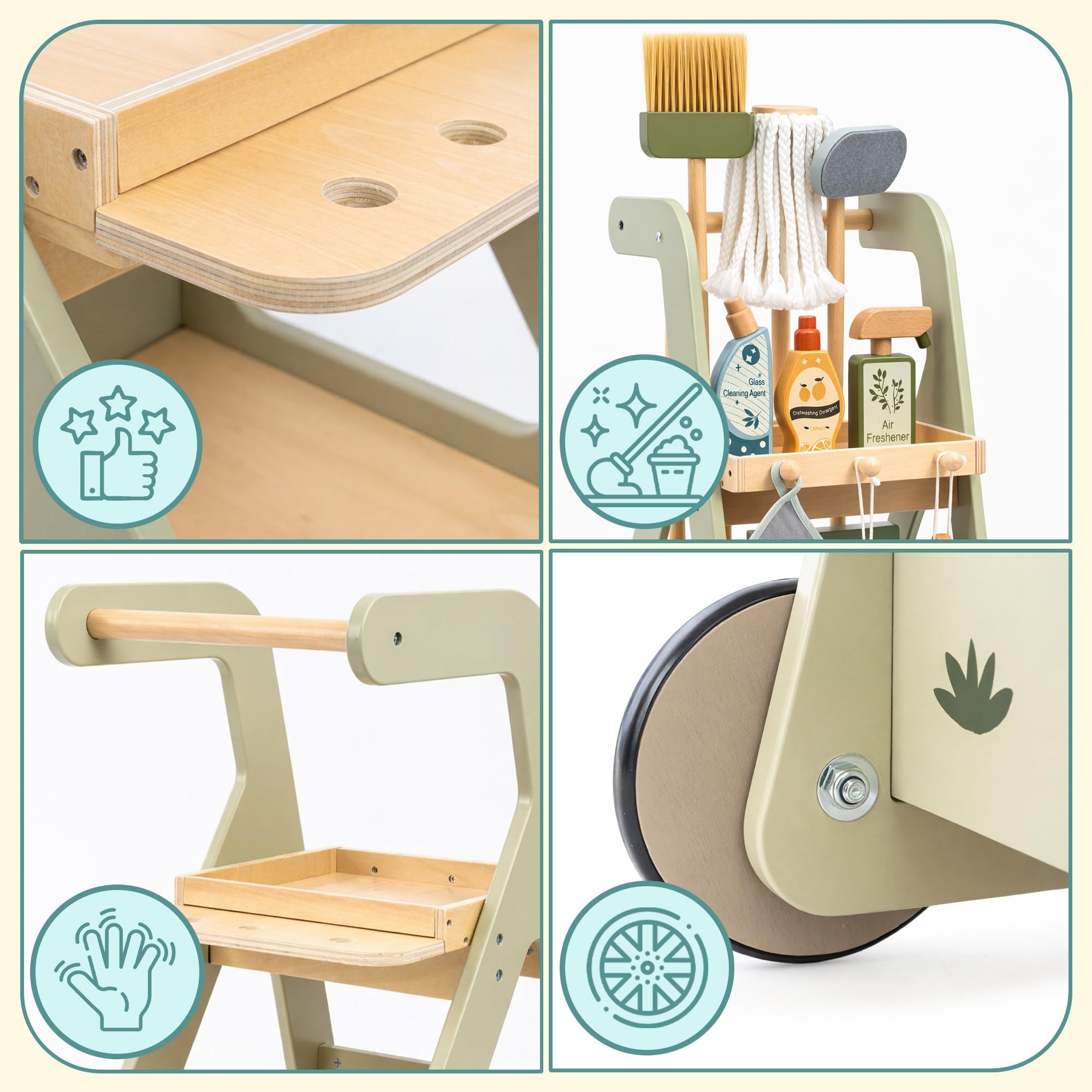 Mamabrum Carrello per la pulizia dei bambini in legno con accessori su ruote set da 11 pezzi giocattolo educativo gioco di ruolo