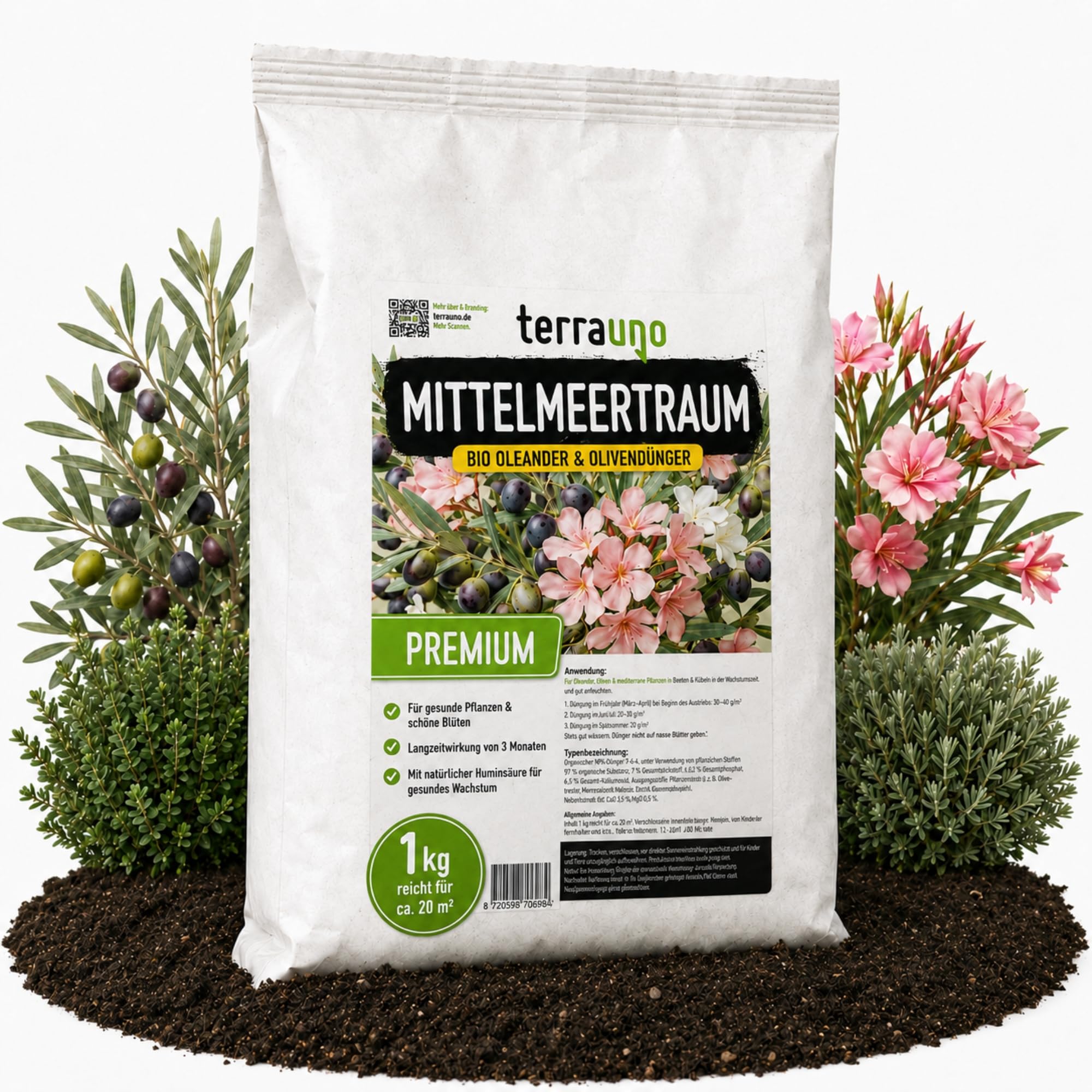 TerraUno Mittelmeertraum Olivenbaum & Oleander Dünger Bio 1 kg, für mediterrane Pflanzen, Zitrus & Palmen, Langzeitdünger mit Huminsäure, Organischer Volldünger Granulat