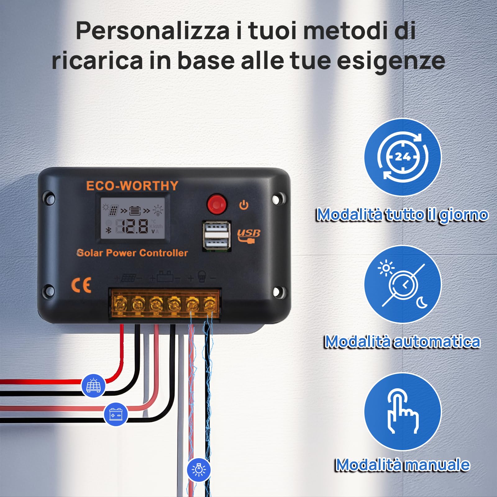 ECO-WORTHY Regolatore di carica pannello solare PWM 30A per Pannelli Solari e Batterie, Regolatore Intelligente con 2 Porte USB, PWM 12/24 V, Adatto per Batterie al litio, al Piombo e al Gel