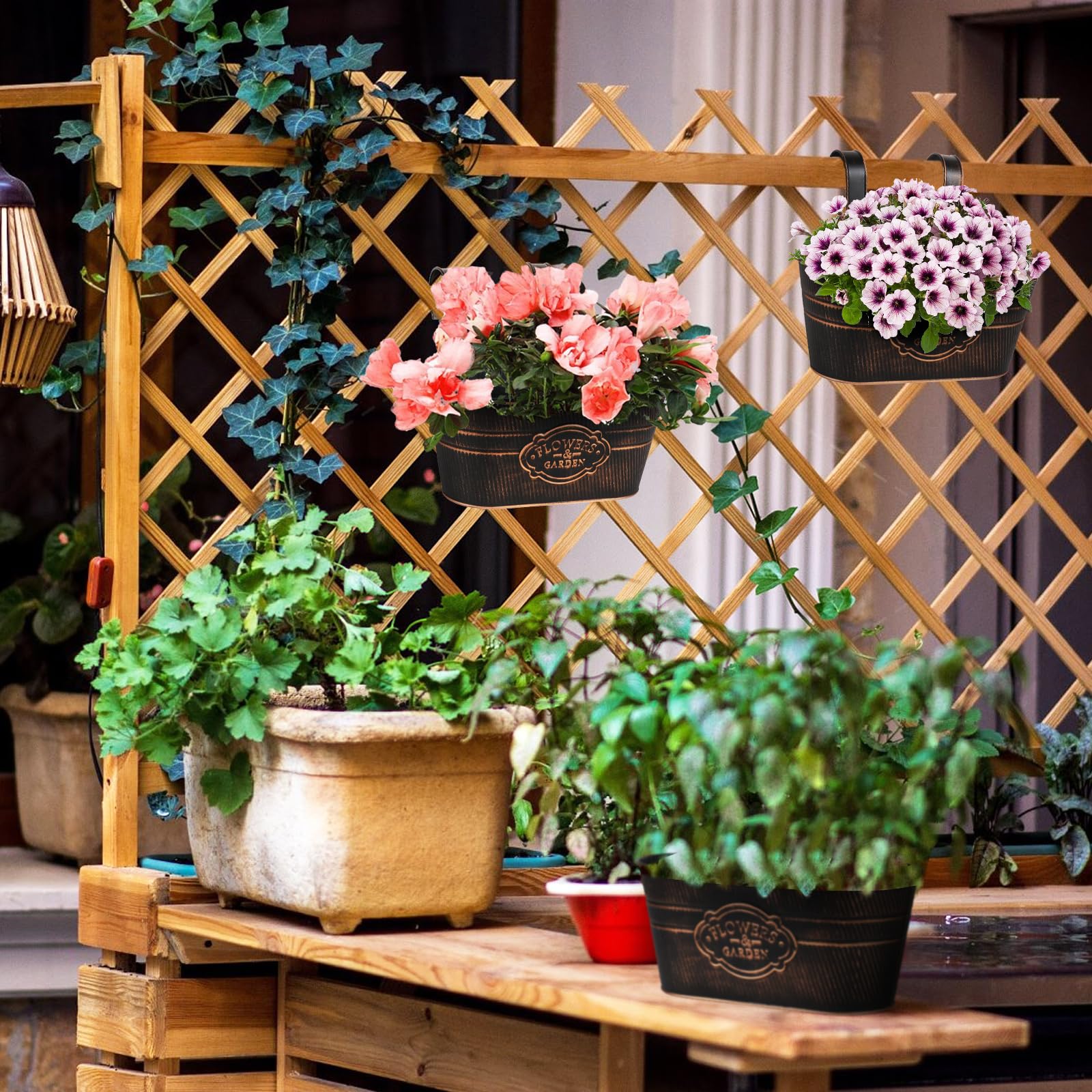 Nighteyes66 Vaso per fiori in stile vintage, di metallo, decorazione da appendere, per casa, recinzione, giardino, balcone
