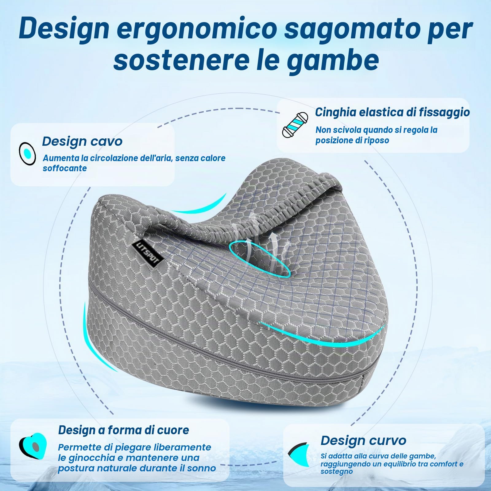 Cuscino Rinfrescante per Gambe e Ginocchia per Dormire sul Fianco, Cuscino Gambe Ergonomic in Memory Foam con Cinghia Elastica Federa Lavabile, Grigio