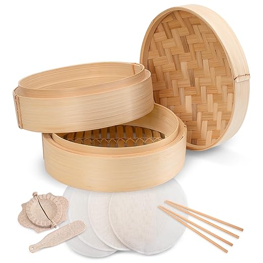 Annie’s Kitchen Premium 8" - Handmade Bamboo Steamer Baskets, Lid Dumpling Maker with Spoon, 4 Reusable Cotton Liners, 2 sets Chopsticks- For Rice, Vegetables, Fish, Meat, Desserts (8 Inch- 2 Tiers)