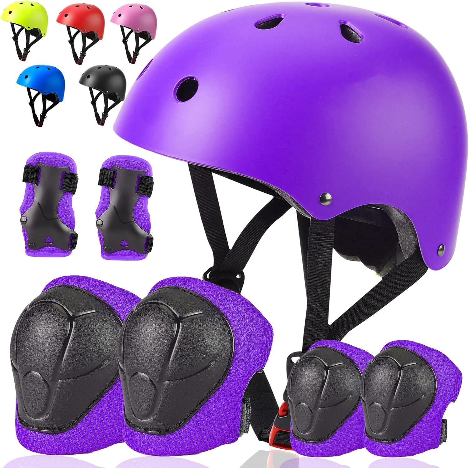 AM ANNA Kids Bike Helmet Set Skateboard Knee Pads - Kids Helmet Elbow Pads Wrist Guards Adjustable Protective Gear Set for Sport Cycling Bike Roller Skating Scooter Rollerblade (purple)