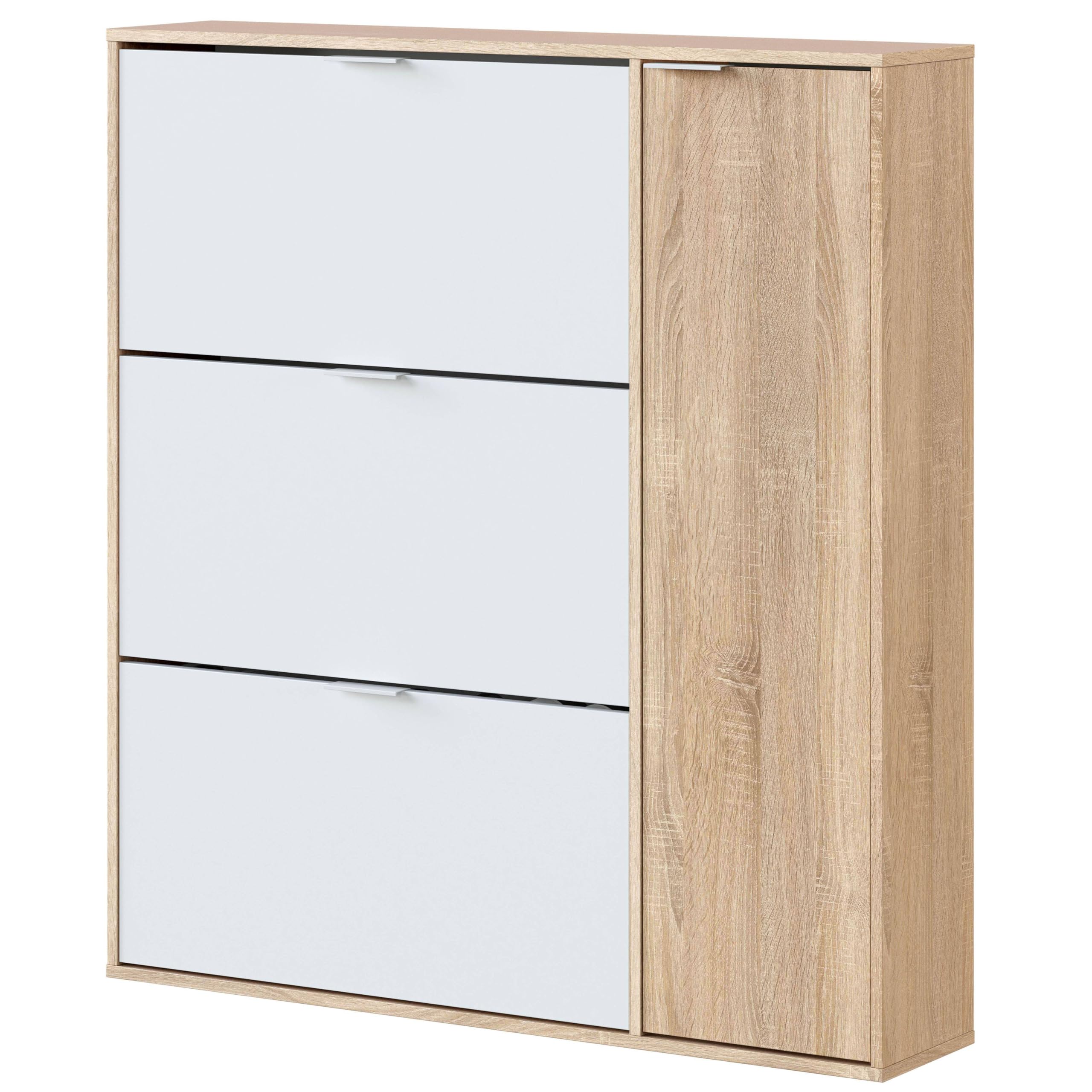 Habitdesign Mueble Zapatero 4 Puertas, Modelo Class, Acabado en Roble Canadian y Blanco Artik, Medidas: 106 cm (Ancho) x 115 cm (Alto) x 22 cm (Fondo)