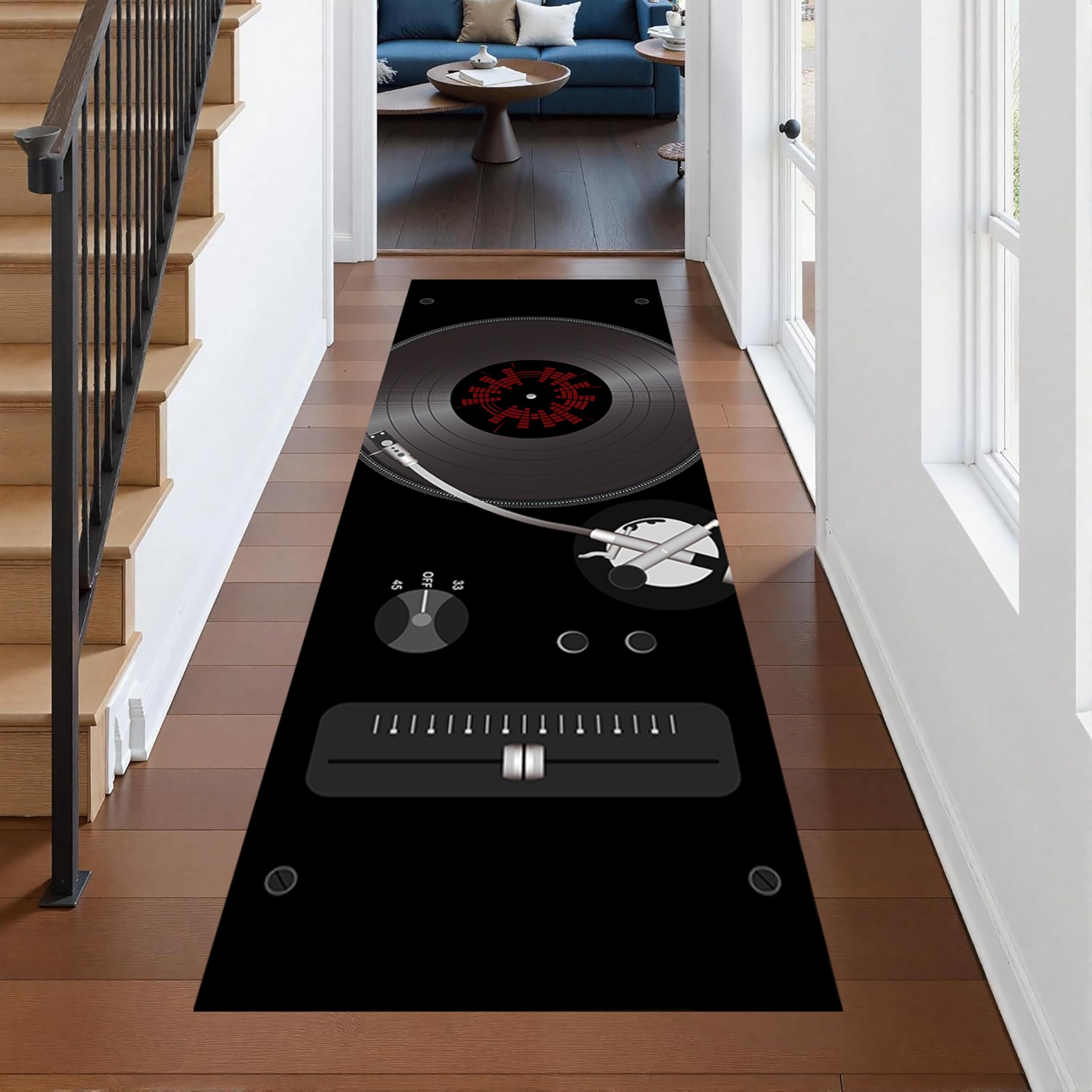 Houient Musical CD Runner Rug, 80x300cm, Modern Disc Large Music Radio Record Rock Style Black Rug Runners for Hallways, Low Pile Non-Shedding Carpets for Living Room Kitchen Foyer
