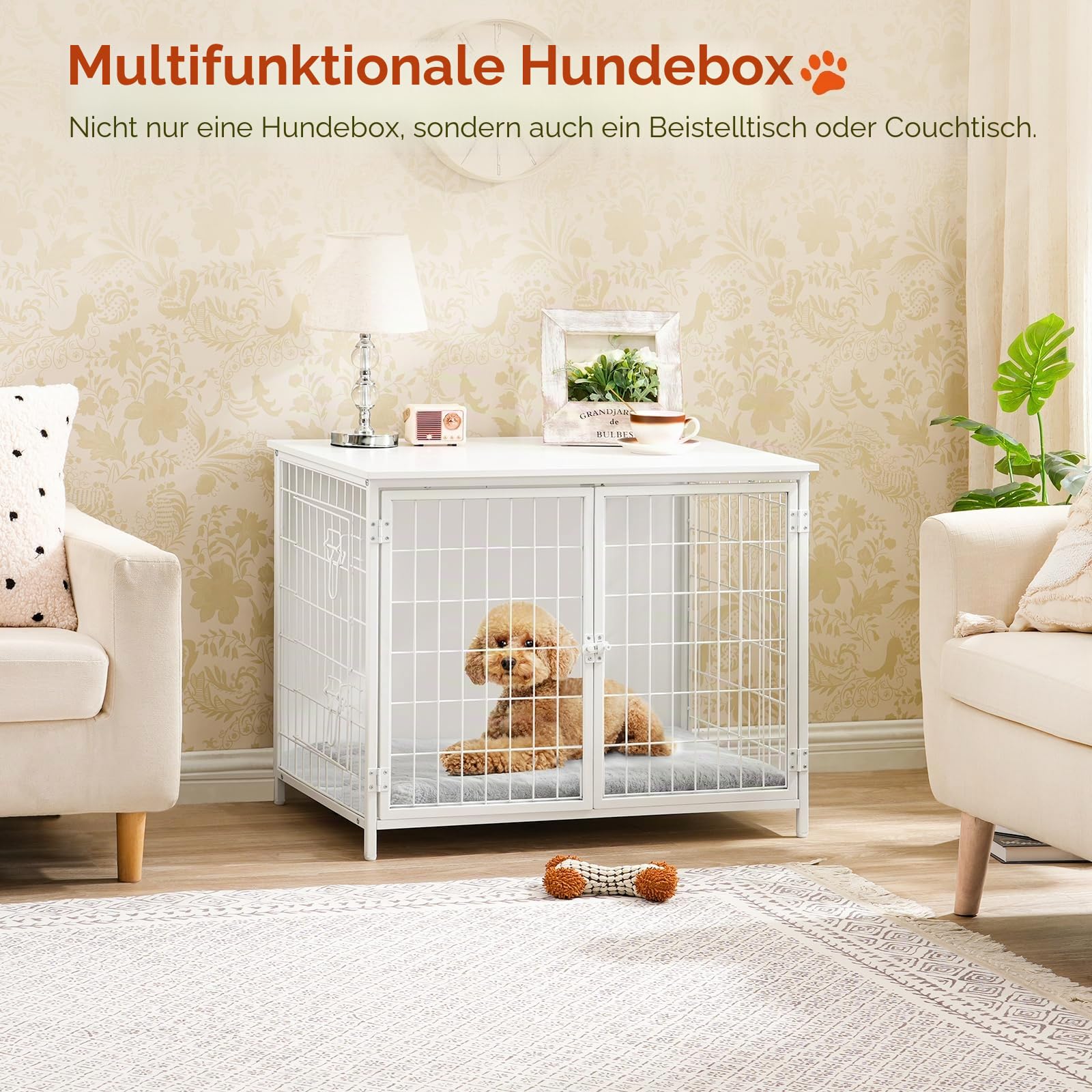 MAHANCRIS Hundekäfig Möbel, 80 cm Hundebox mit Kissen, 2 Tür, Doppeltür, Holzwerkstoff, für Kleine/Mittelgroße/Große Hunde, 80 x 55 x 65 cm, Hundekäfig für Zuhause, Weiß ADCBW0701