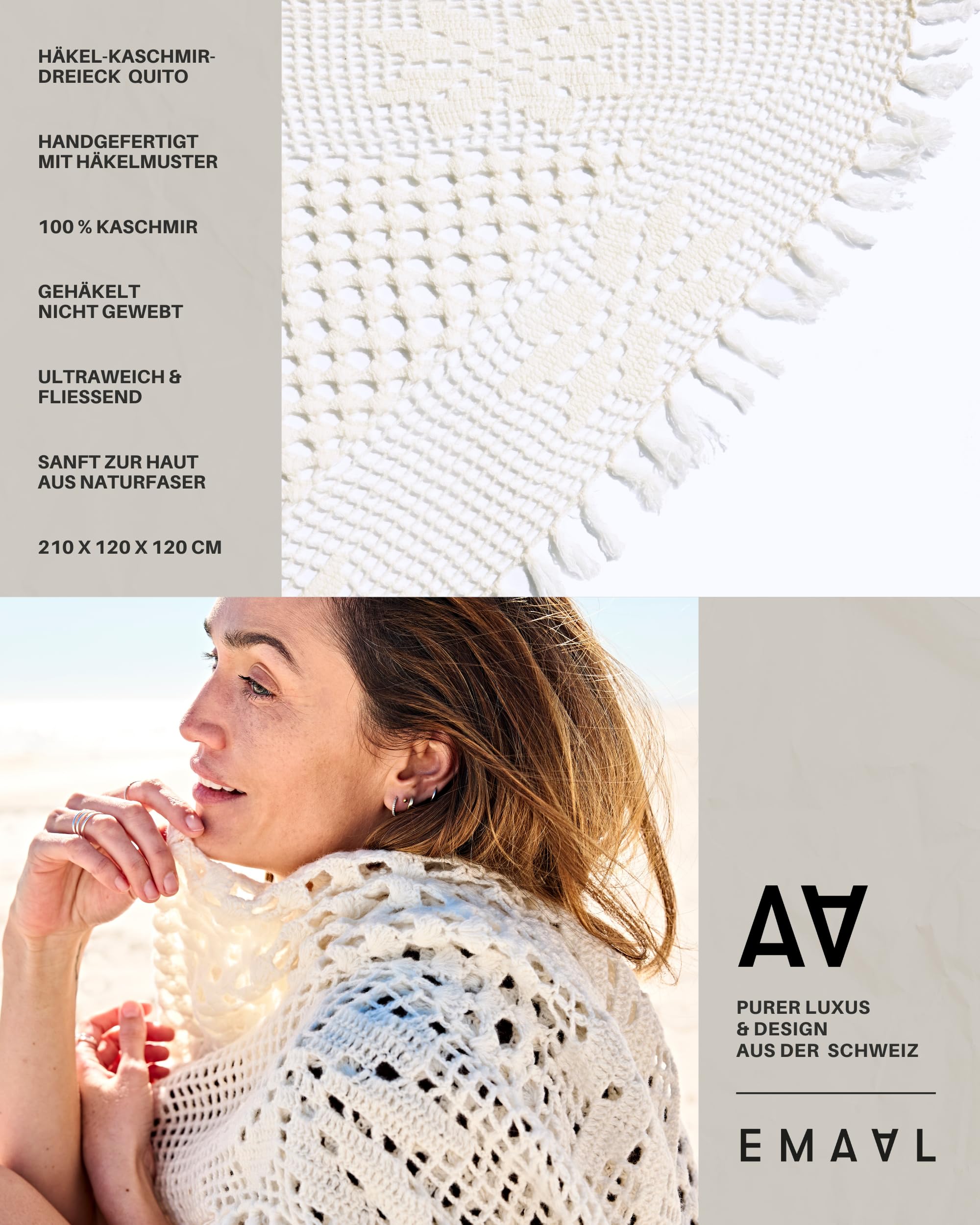 EMAAL 100% Kaschmir Dreieck Schal Quito, Weiss, Hand gehäkelt, 210x120x120cm, Damen/Herren, Design aus der Schweiz, als Geschenk, Stola, elegantes Accessoire, kuschelig, nachhaltig, langlebig