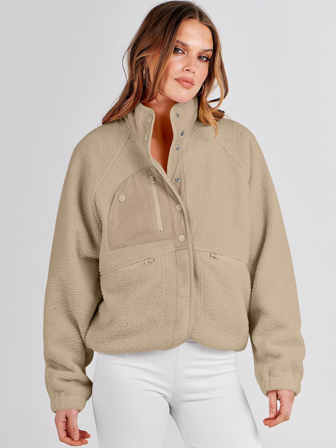 ANRABESS Womens Fuzzy Fleece Jacket Fall Casual Long Sleeve Cropped Sherpa Button Down Shacket Coats Outwear With Pockets - Image 3