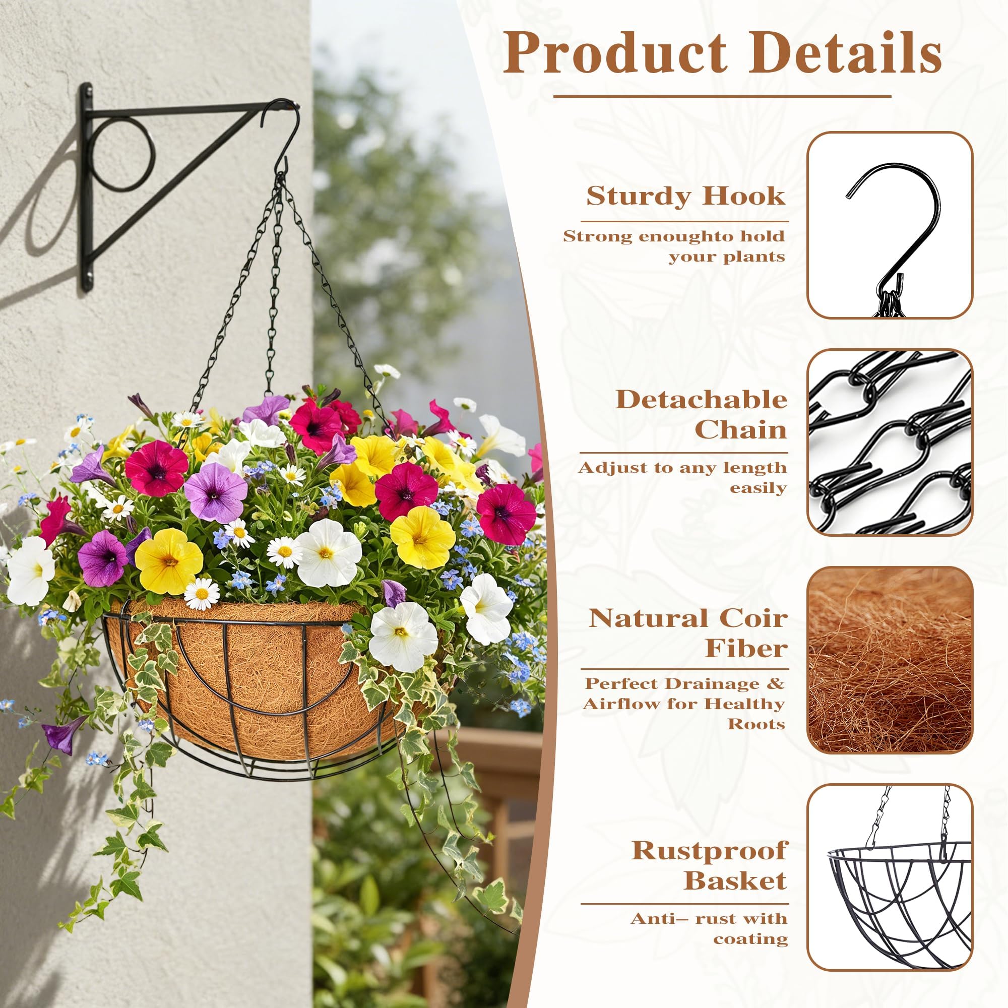 Paquete de 4 macetas colgantes para plantas al aire libre de 12 pulgadas, cesta colgante de metal con forro de coco de coco redondo, soporte para plantas, macetas de cadena para flores, decoración de